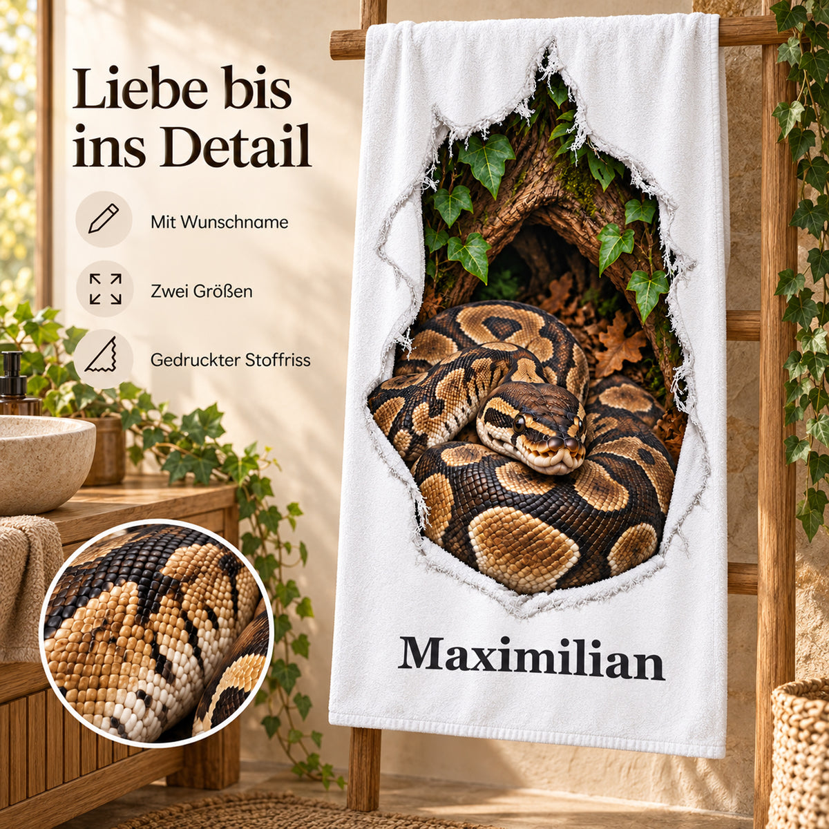 Handtuch mit Königspython und Wunschname, mit Motivdetail und kurzen Hinweisen