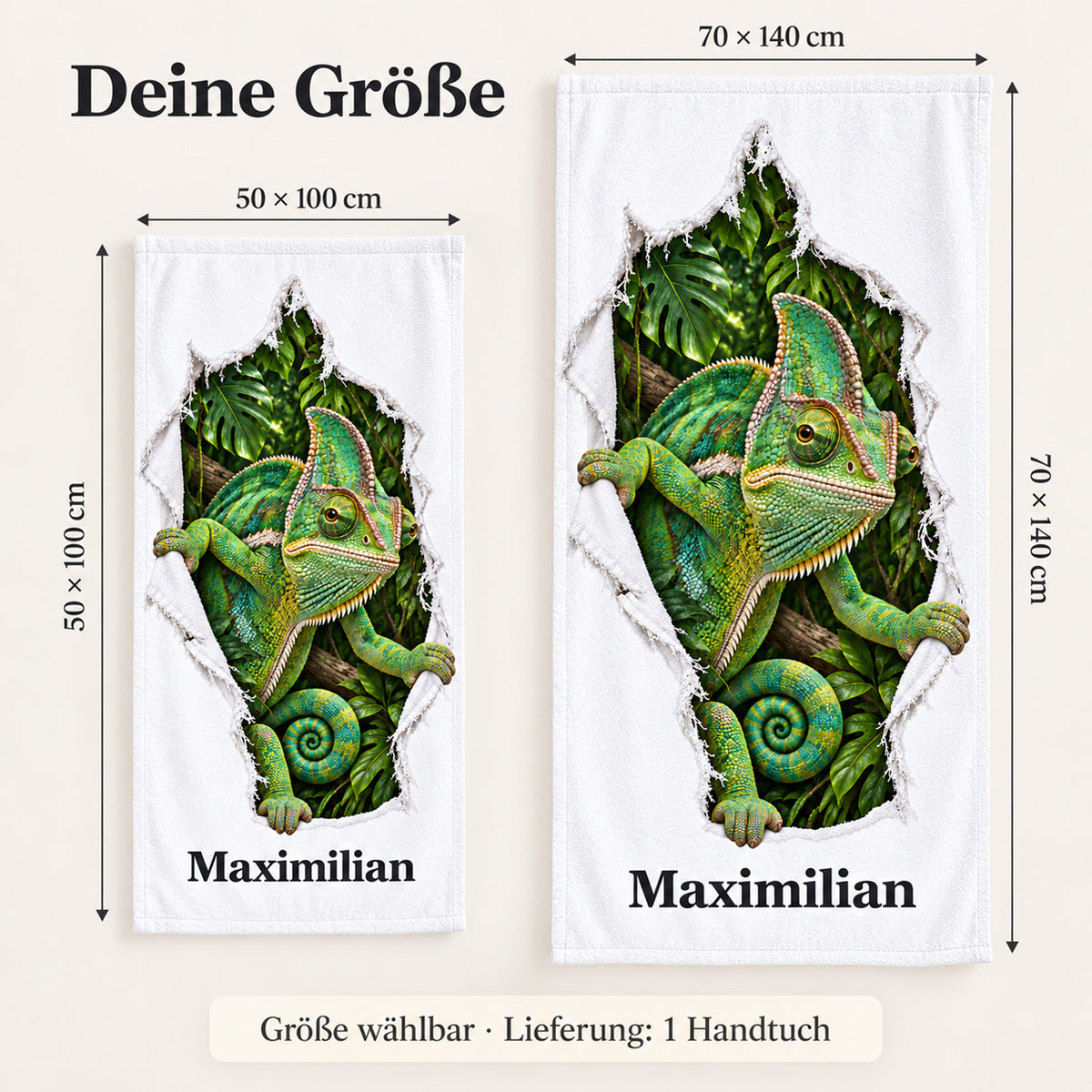 Handtuch mit Chamäleon und Wunschname in 50 × 100 und 70 × 140 cm