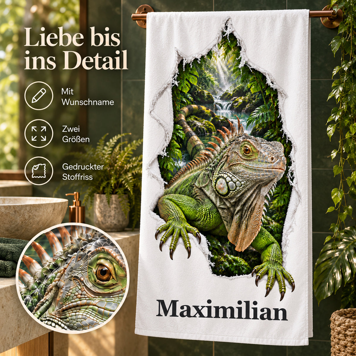 Handtuch mit Leguan und Wunschname, mit Motivdetail und kurzen Hinweisen