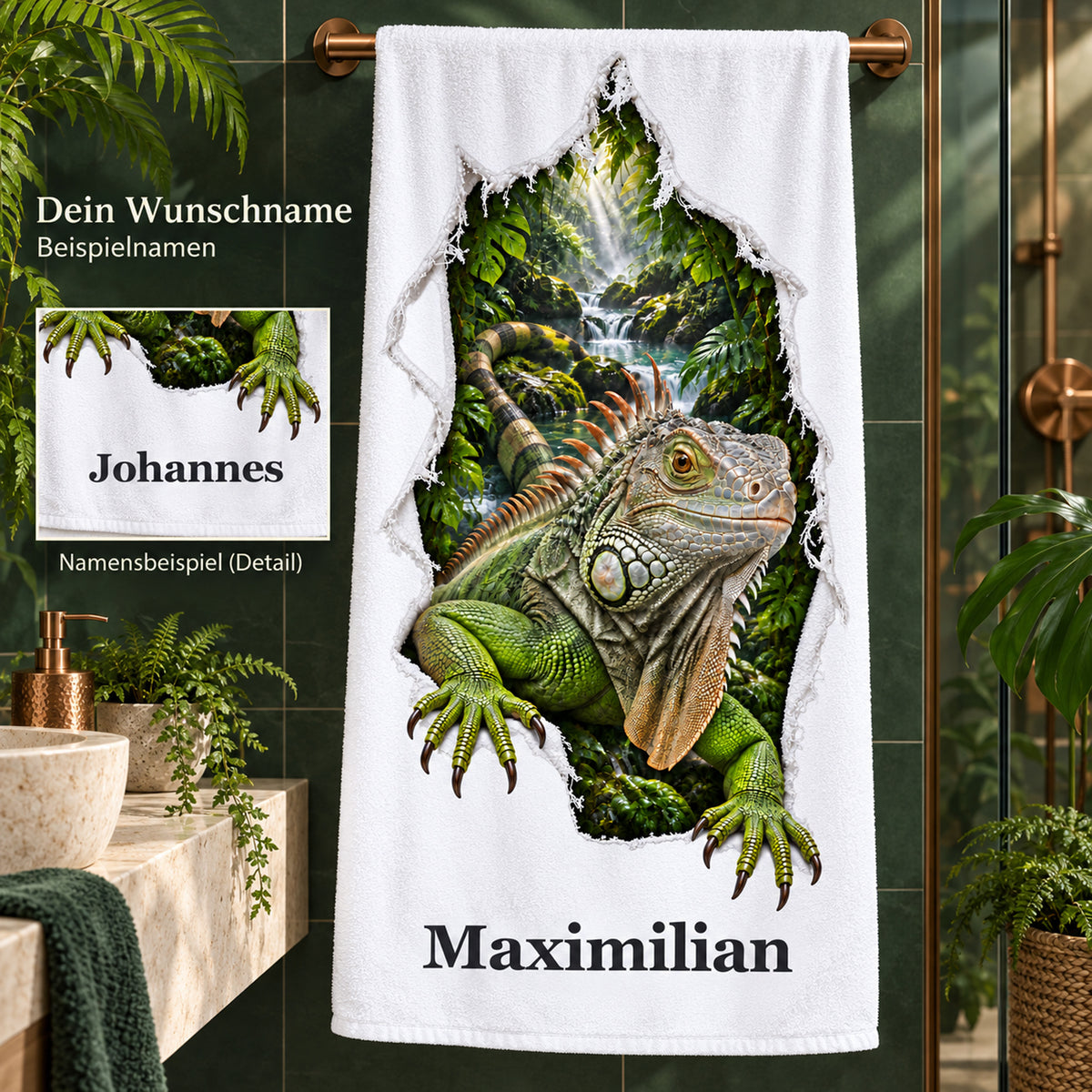 Handtuch mit Leguan und Wunschname sowie separatem Namensdetail