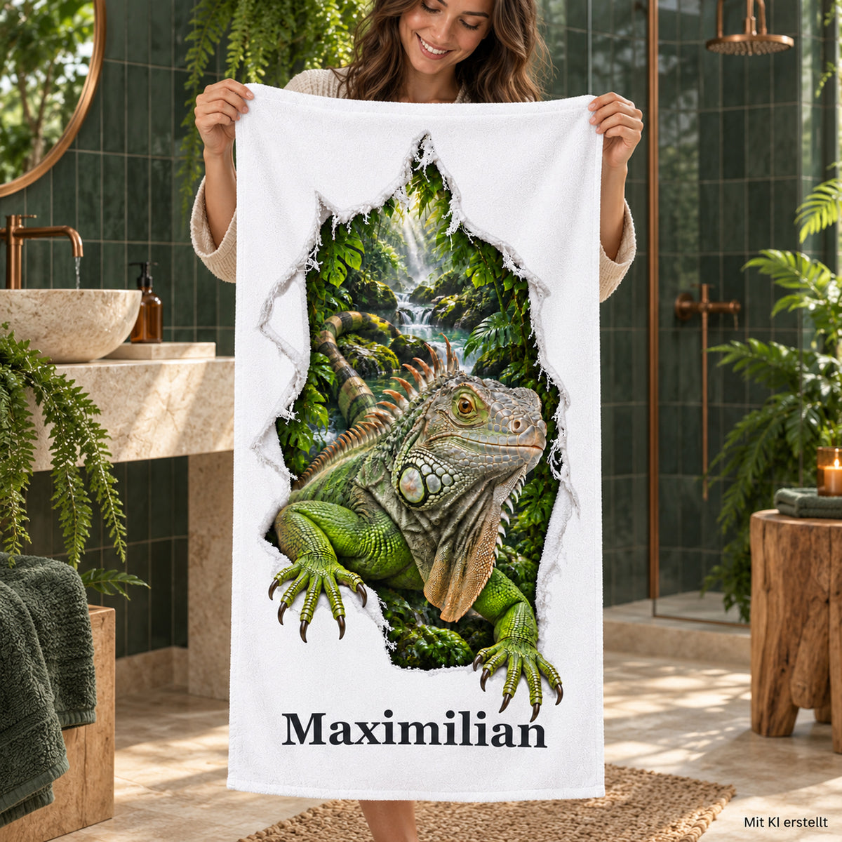 Handtuch mit Leguan und Wunschname, von einer Person im Bad gehalten