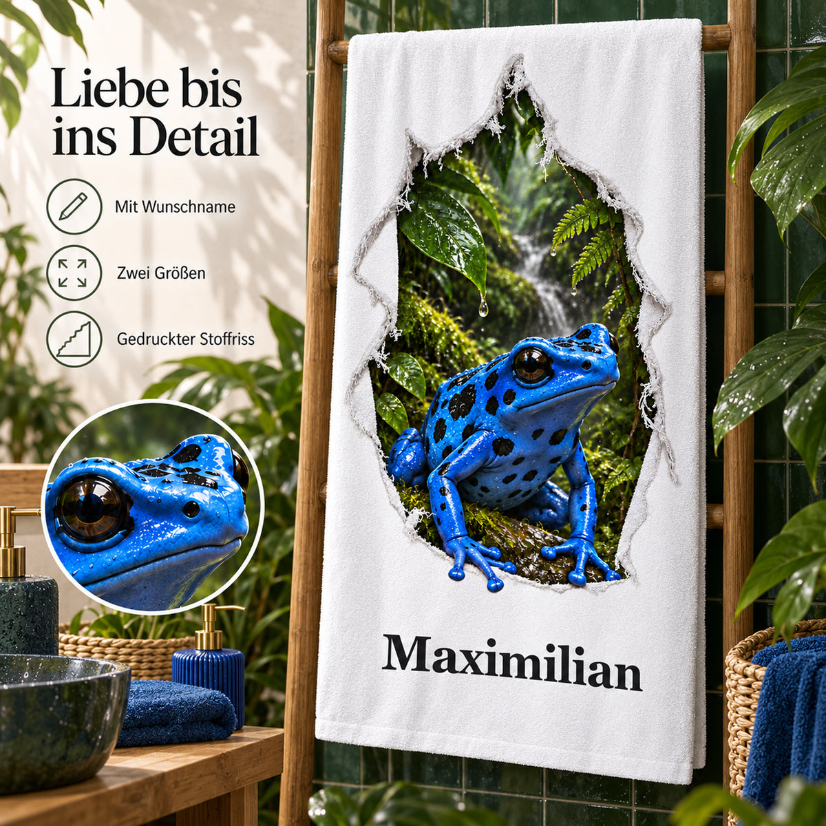 Handtuch mit blauem Pfeilgiftfrosch und Wunschname, mit Motivdetail und kurzen Hinweisen