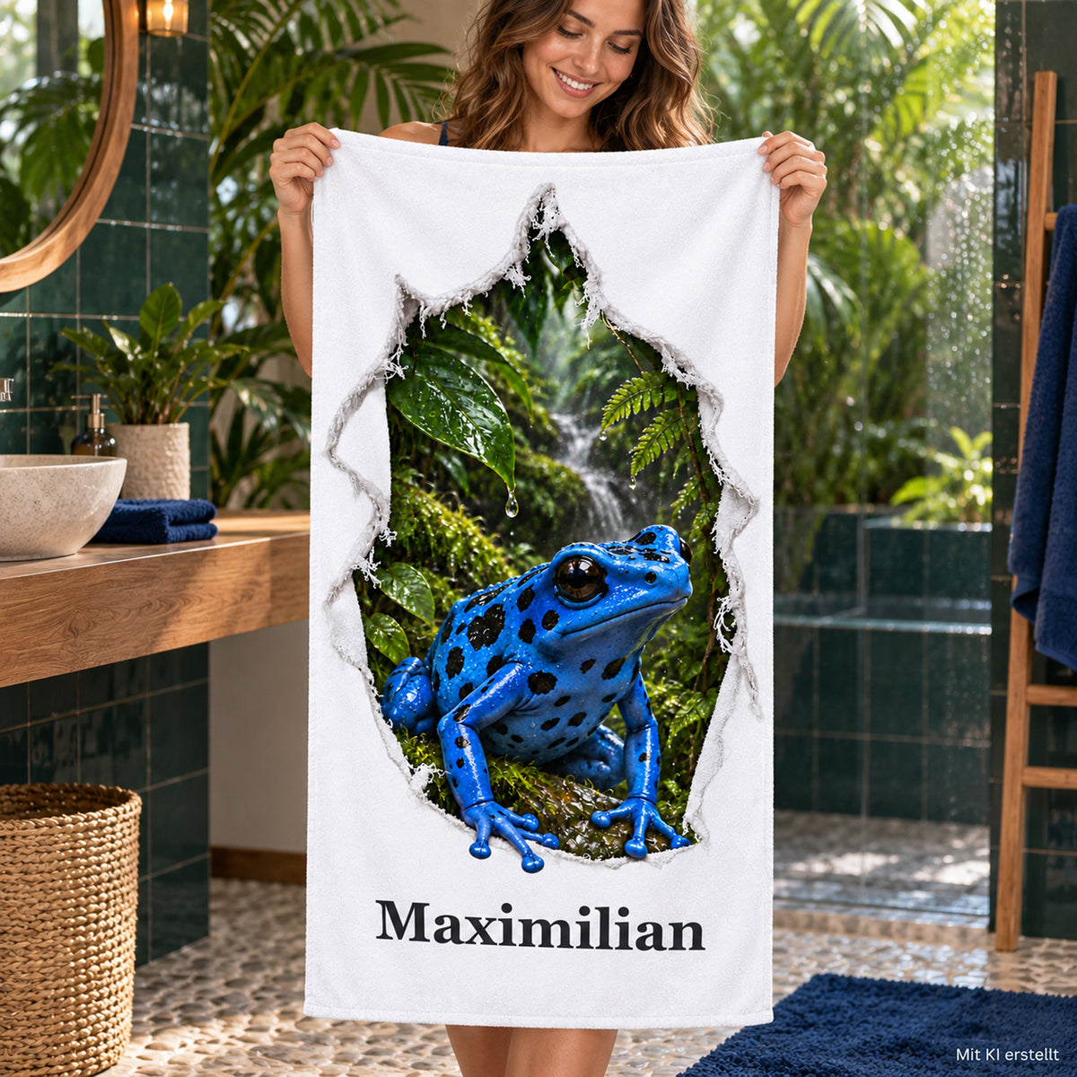Handtuch mit blauem Pfeilgiftfrosch und Wunschname, von einer Person im Bad gehalten