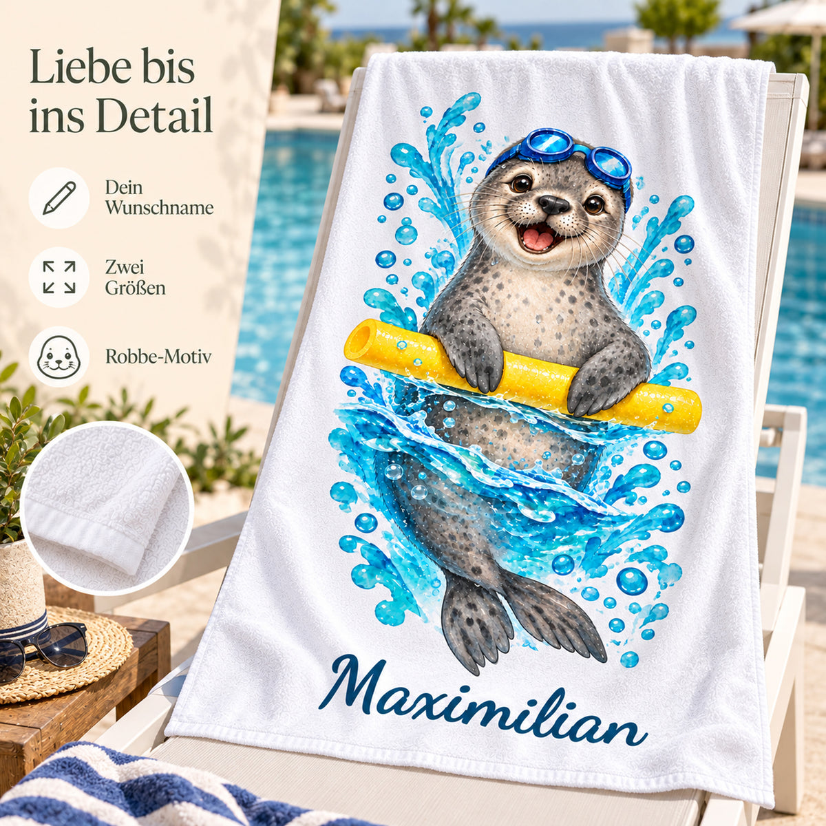 Robbe Handtuch mit Wunschnamen – Details