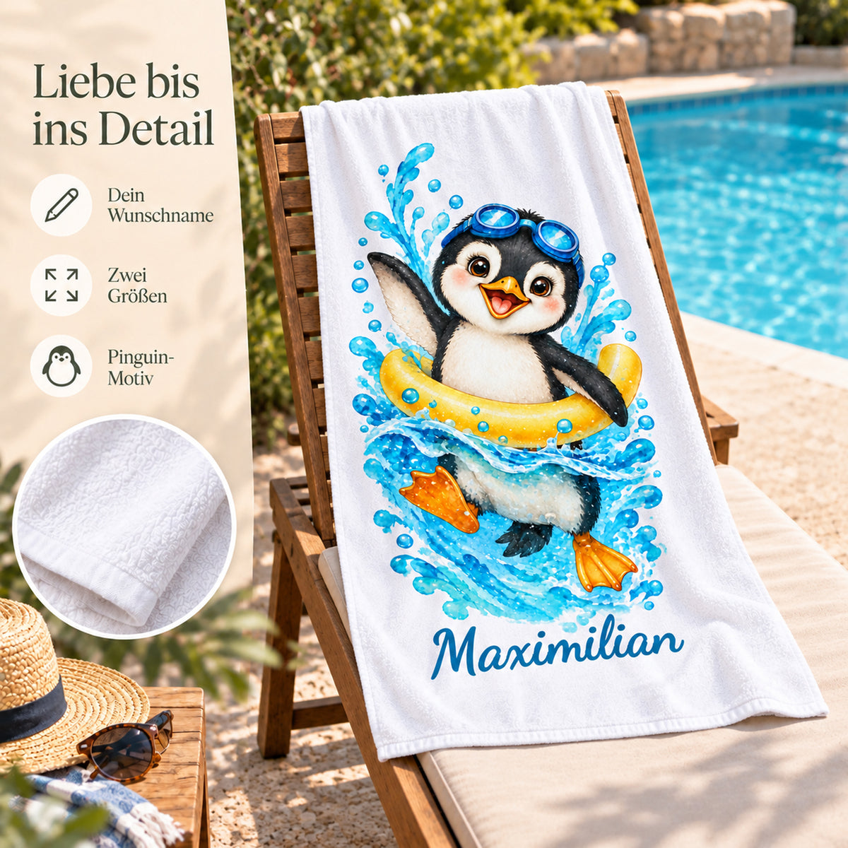 Pinguin Handtuch mit Wunschnamen – Details