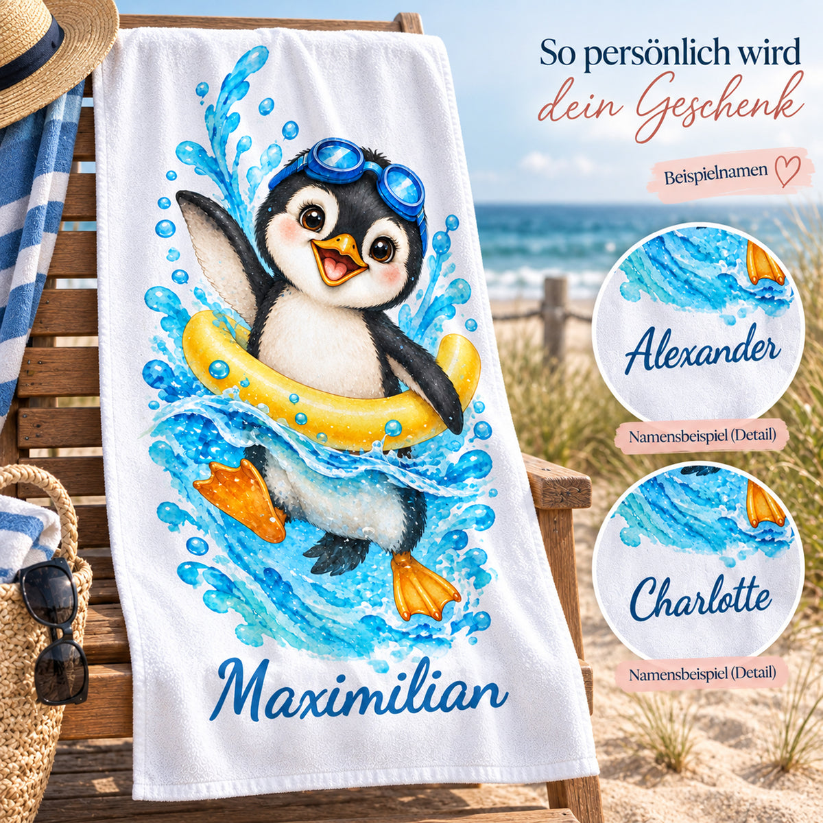 Pinguin Handtuch mit Wunschnamen – Personalisierung
