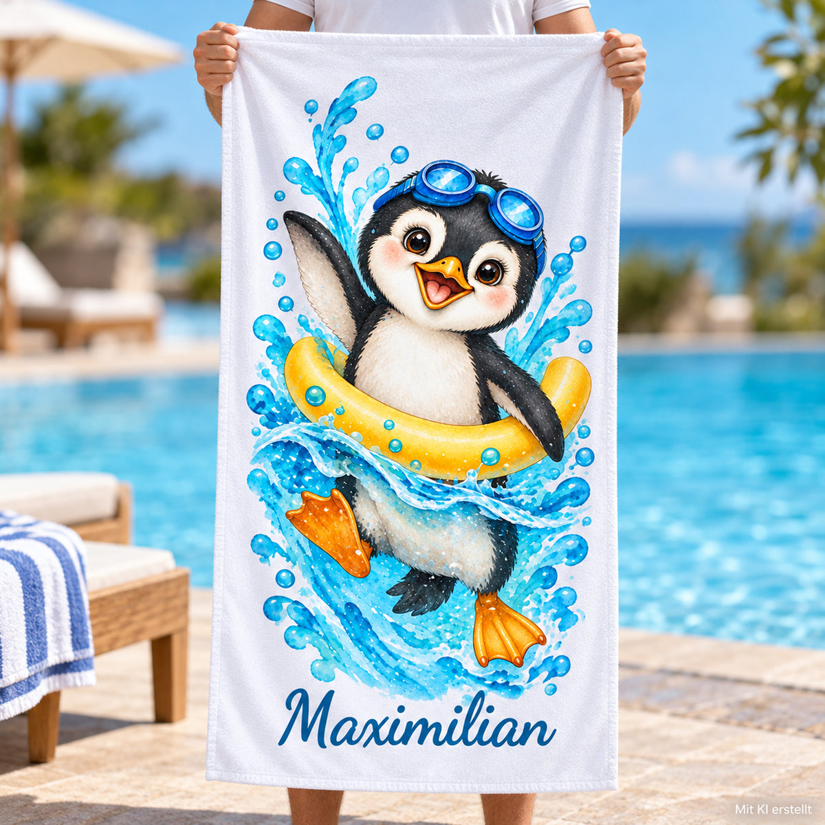 Pinguin Handtuch mit Wunschnamen – Handtuch in der Hand
