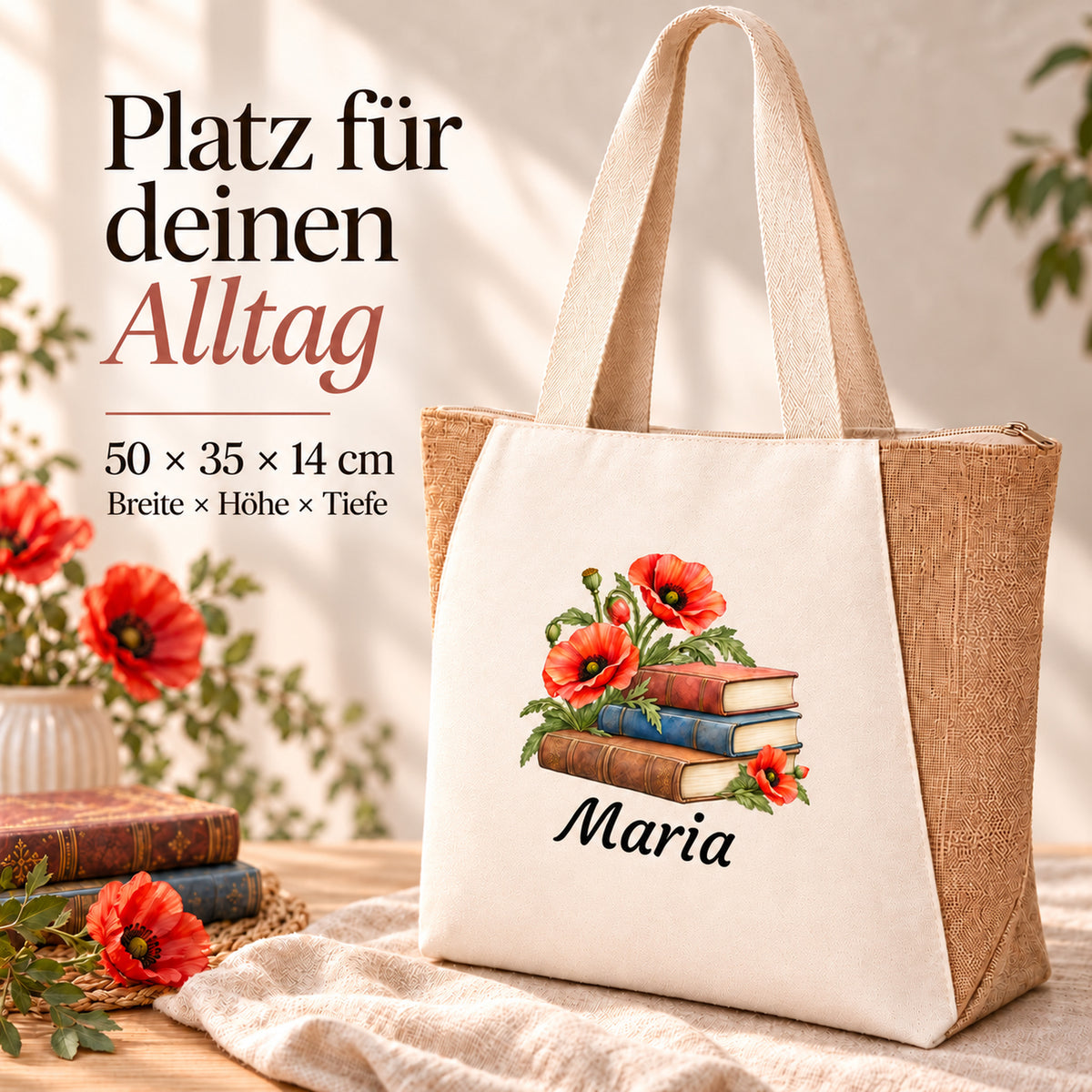Seitliche Ansicht des Shoppers mit Juteseiten, Reißverschluss und Bücher und Mohn