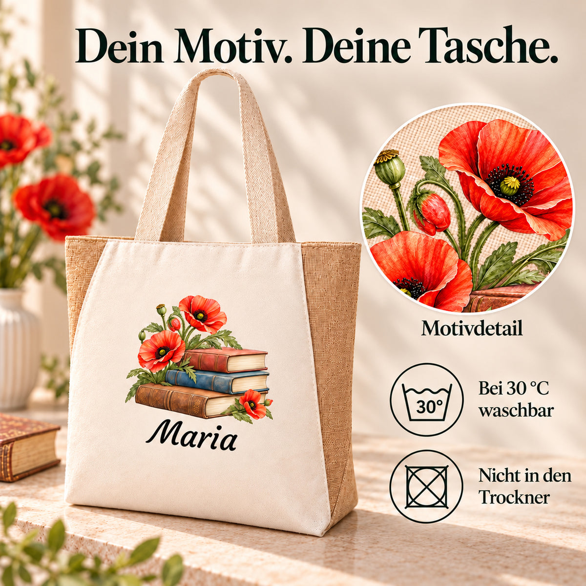 Detail des Bücher-Blumen-Motivs Bücher und Mohn und Pflegehinweise zur Tasche