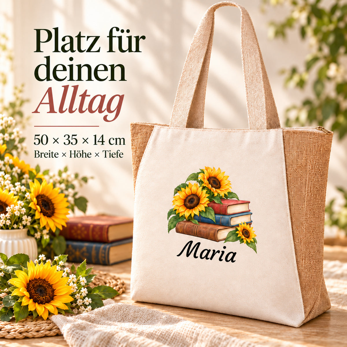 Seitliche Ansicht des Shoppers mit Juteseiten, Reißverschluss und Bücher und Sonnenblumen