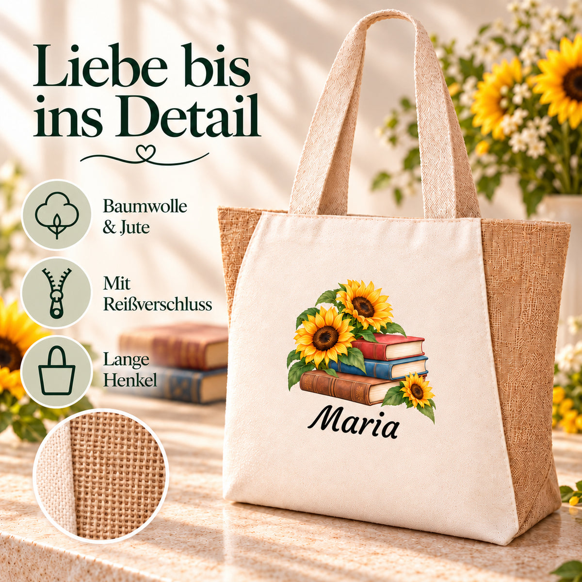 Maße und Produktdetails der Tasche aus Baumwolle und Jute mit Bücher und Sonnenblumen