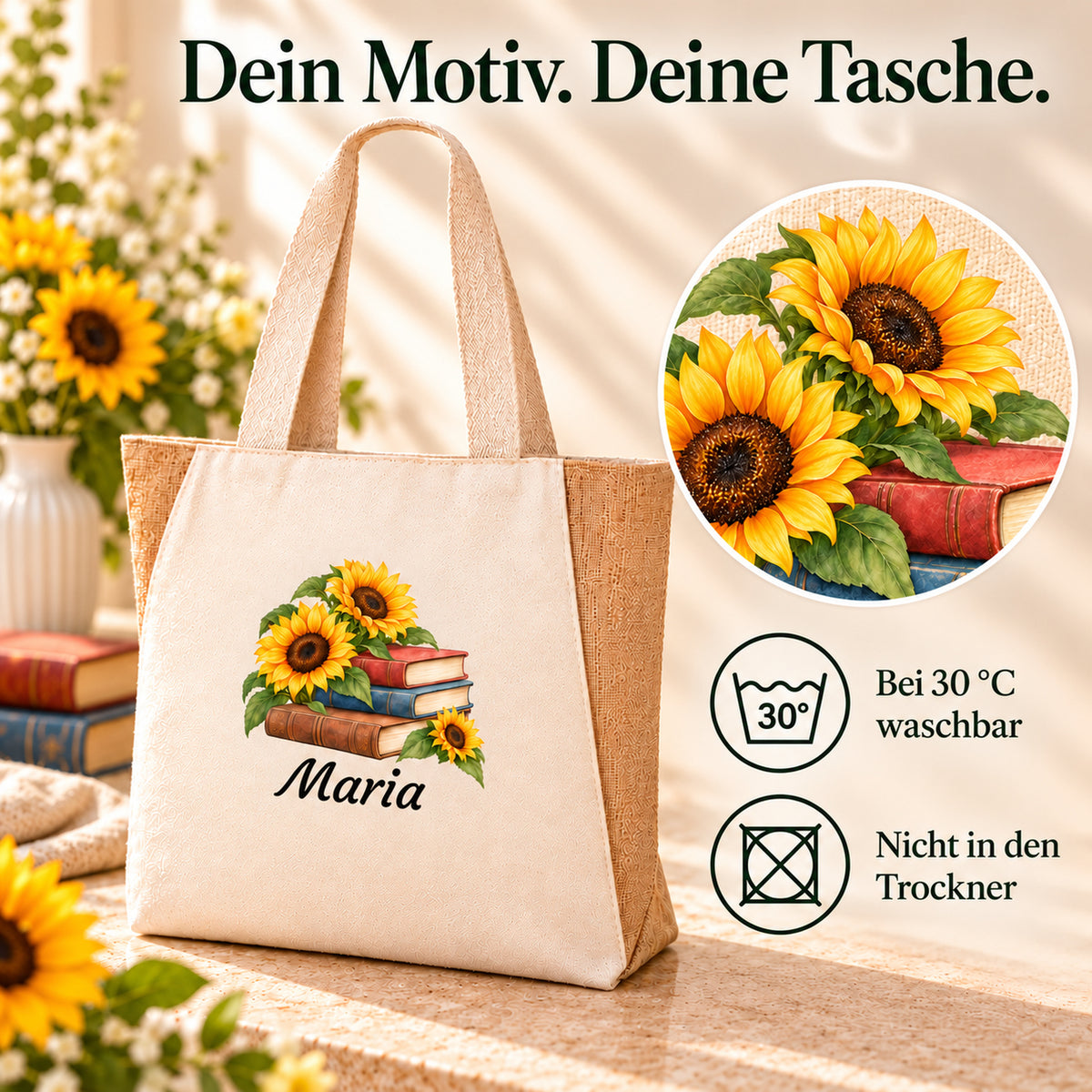 Detail des Bücher-Blumen-Motivs Bücher und Sonnenblumen und Pflegehinweise zur Tasche