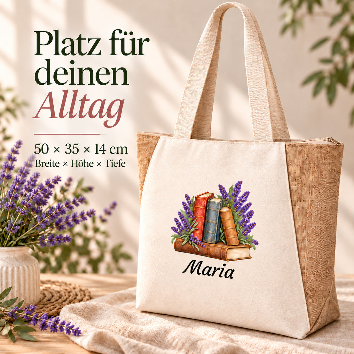 Seitliche Ansicht des Shoppers mit Juteseiten, Reißverschluss und Bücher und Lavendel