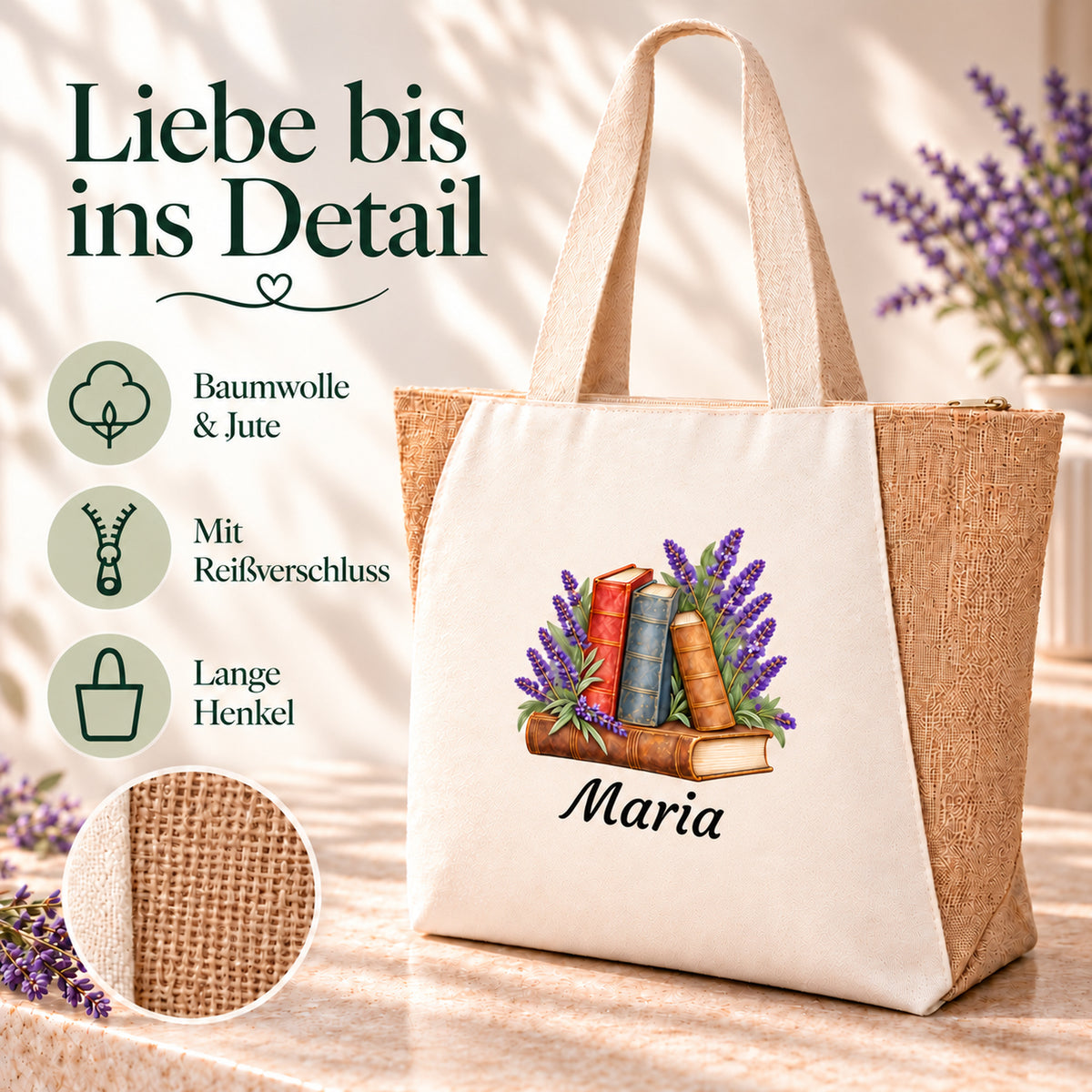 Maße und Produktdetails der Tasche aus Baumwolle und Jute mit Bücher und Lavendel