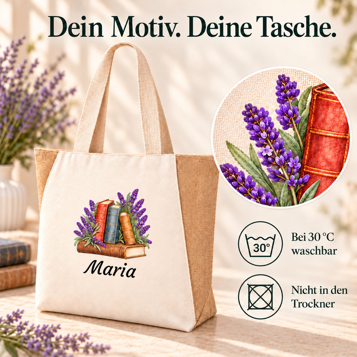 Detail des Bücher-Blumen-Motivs Bücher und Lavendel und Pflegehinweise zur Tasche