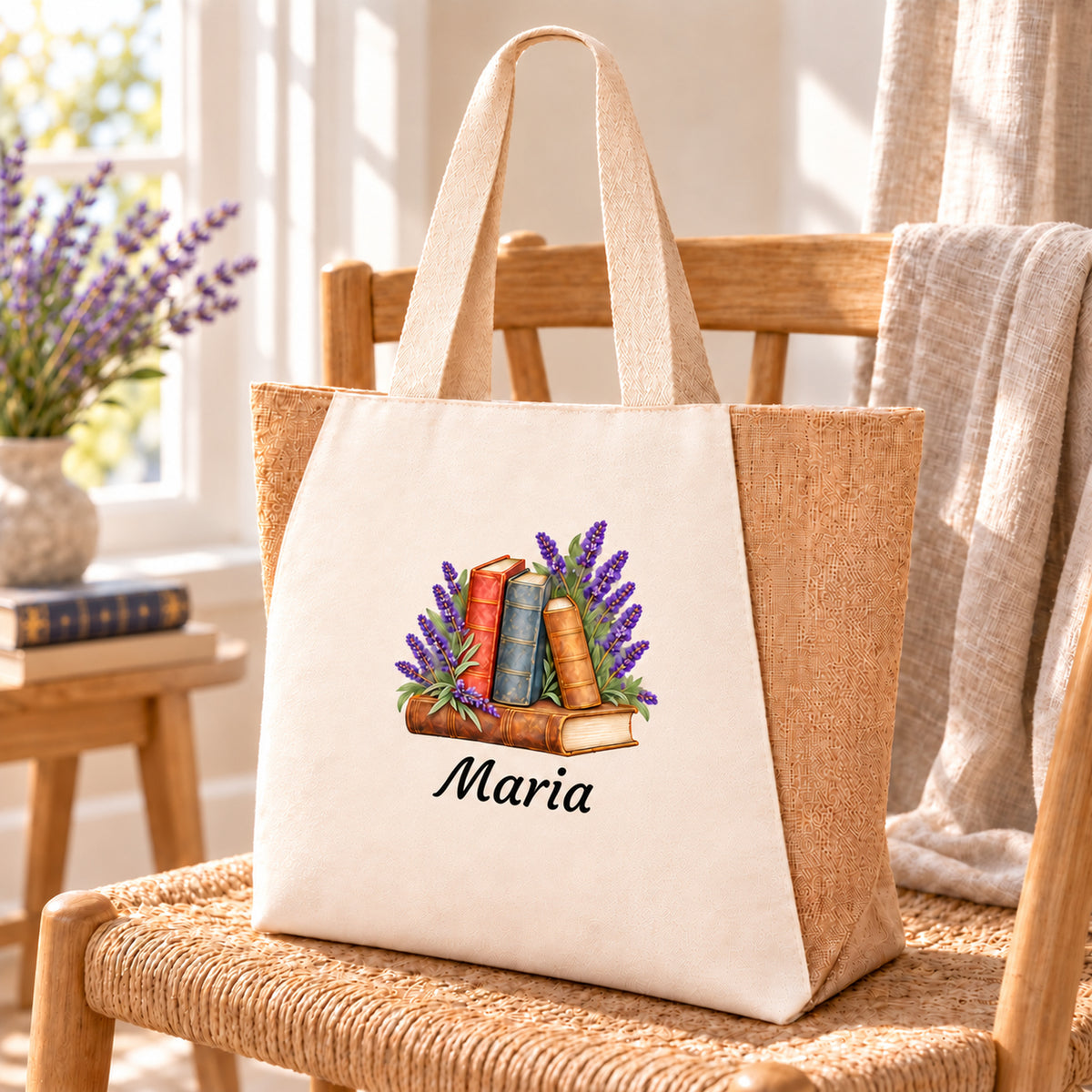 Tasche mit Bücher und Lavendel und Wunschname in wohnlicher Umgebung