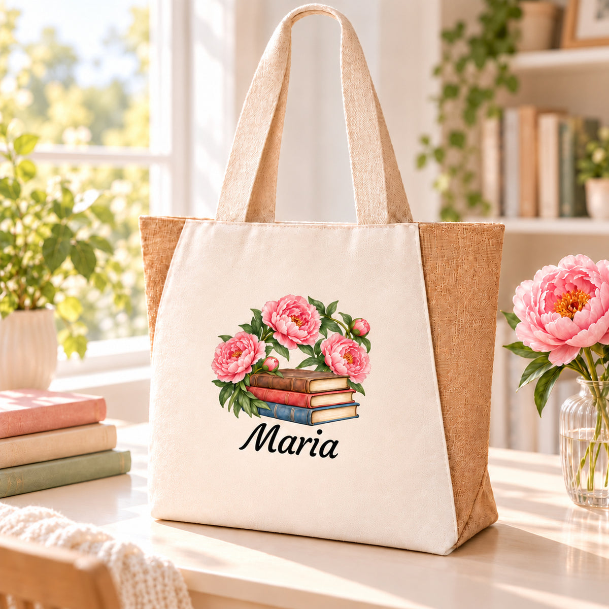 Tasche für Bücherfreunde mit Bücher und Pfingstrosen und persönlichem Wunschnamen
