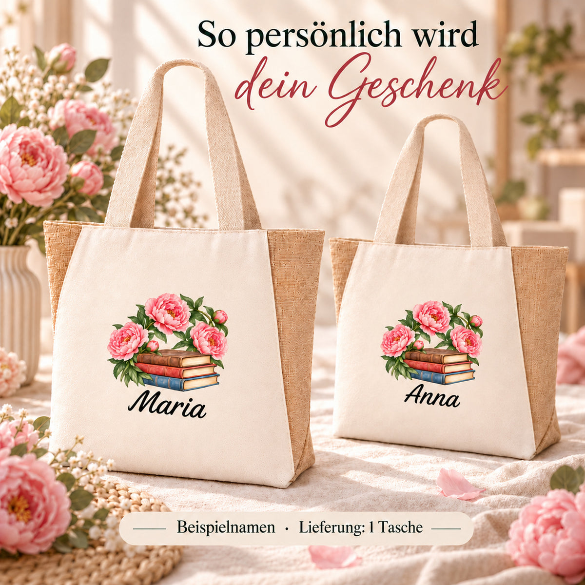 Personalisierter Shopper mit Bücher und Pfingstrosen und Wunschname unter dem Motiv