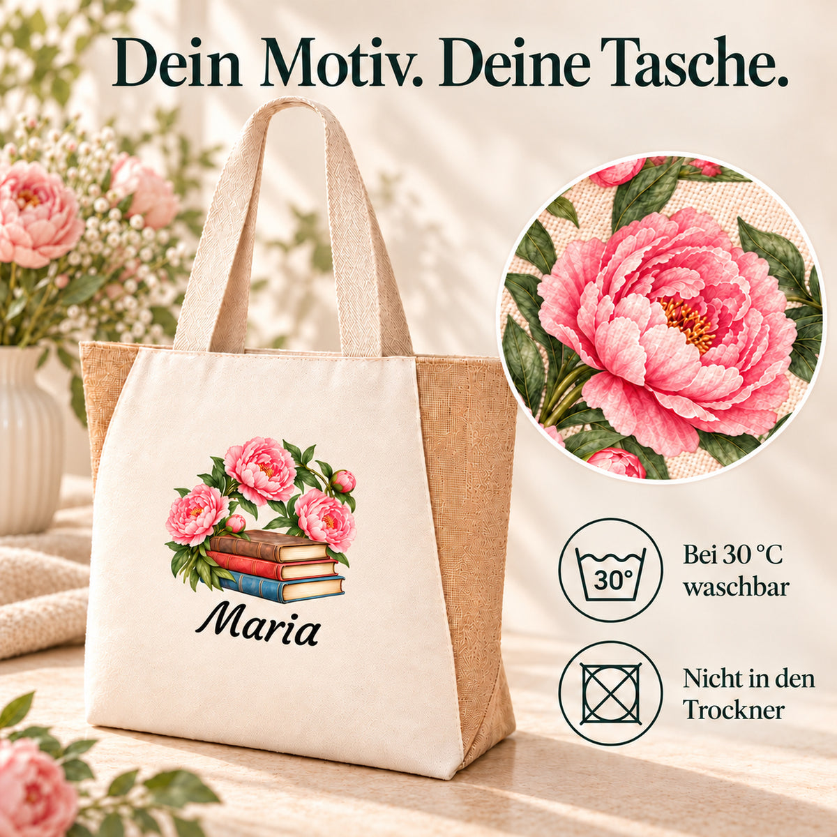 Detail des Bücher-Blumen-Motivs Bücher und Pfingstrosen und Pflegehinweise zur Tasche