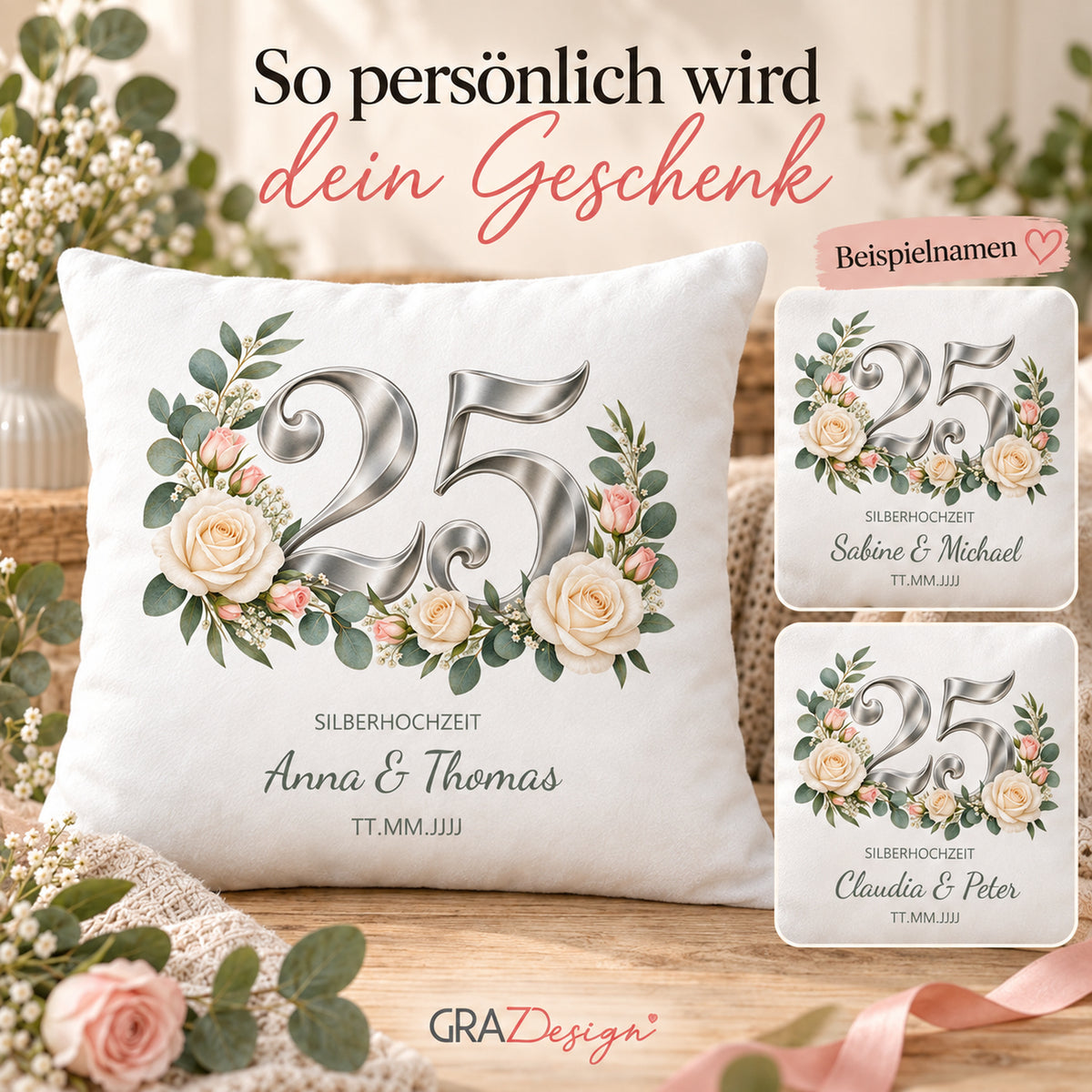 Kissenbezug Silberhochzeit mit Namen und Datum – Romantischer Rosenzauber, Ansicht 5