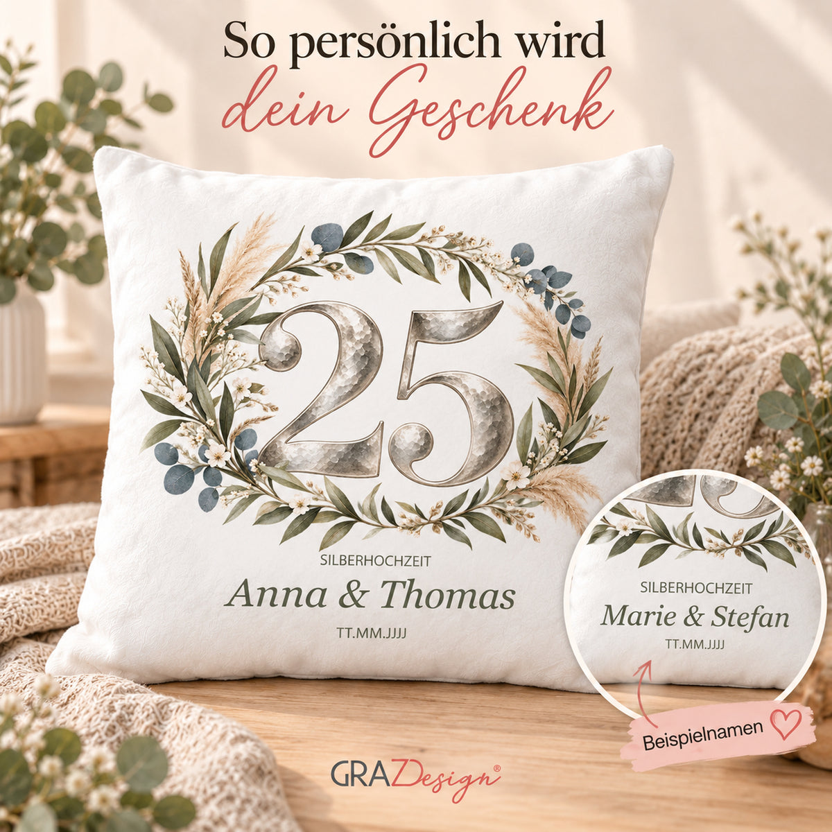 Kissenbezug Silberhochzeit mit Namen und Datum – Natürlicher Boho-Kranz, Ansicht 5