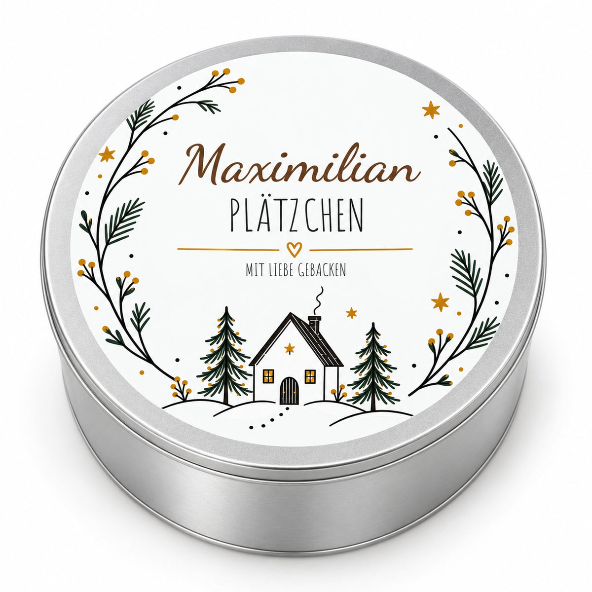 Runde silberne Keksdose mit Motiv Nordisches Haus und Wunschname auf dem Deckel, auf weißem Hintergrund.