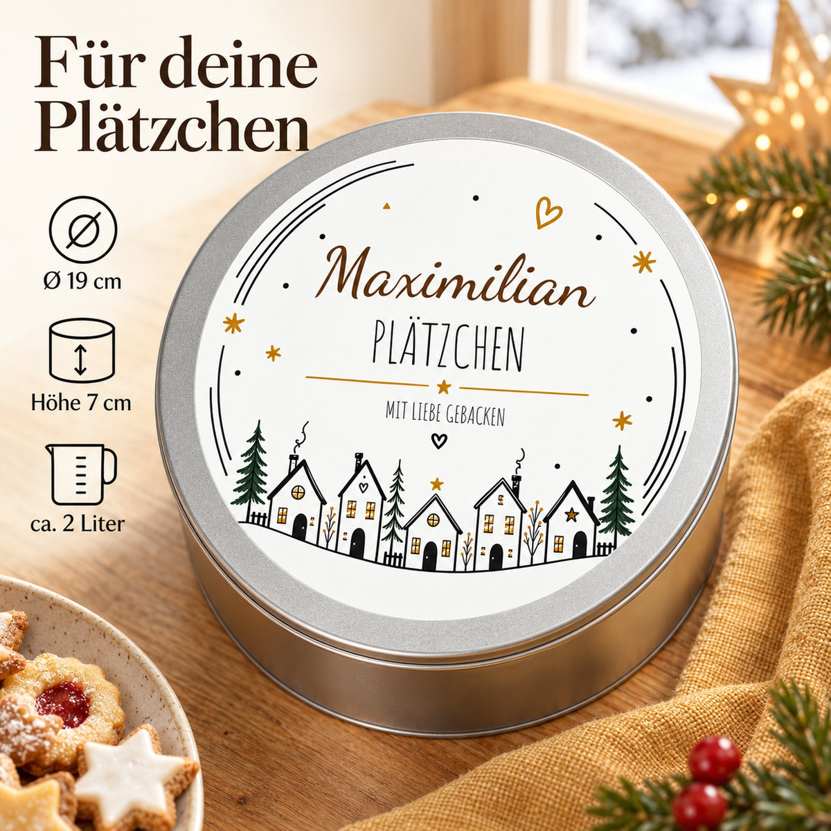 Keksdose Häuserzeile mit Maßangaben: 19 cm Durchmesser, 7 cm Höhe und ungefähr 2 Liter Fassungsvermögen.