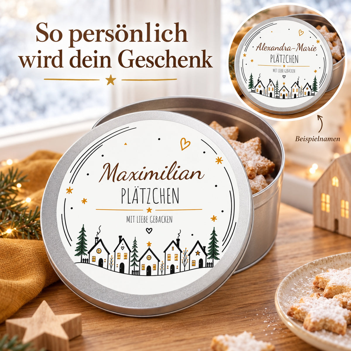 Personalisierung des Deckelmotivs Häuserzeile mit zwei Beispielnamen.