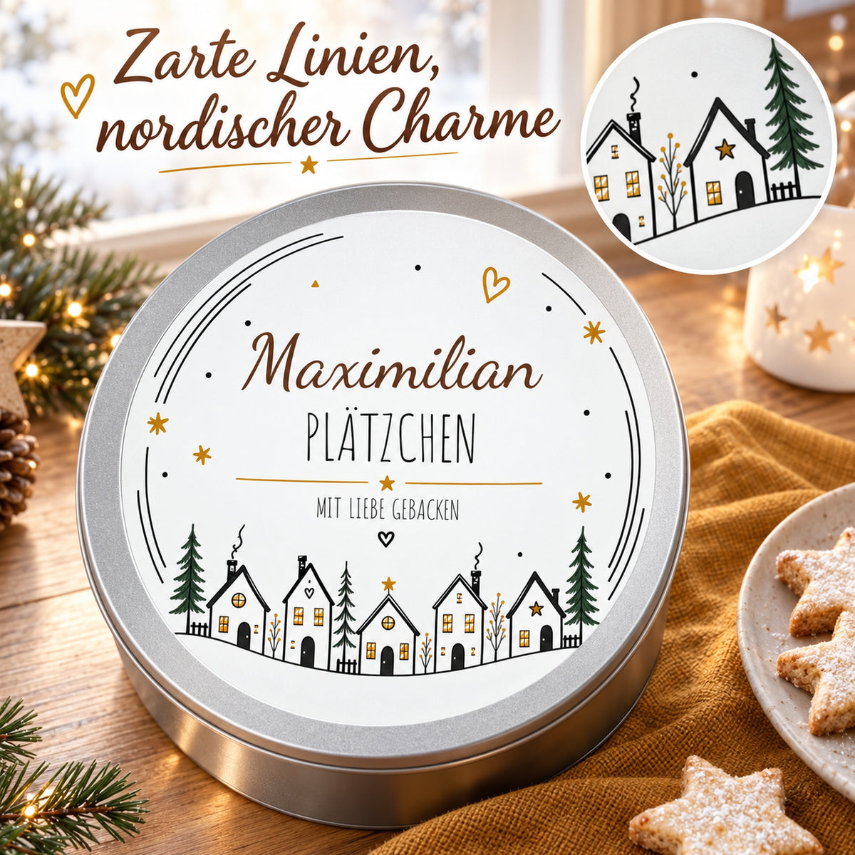 Nahaufnahme des skandinavischen Linienmotivs Häuserzeile, zusätzlich in einem Kreisausschnitt gezeigt.