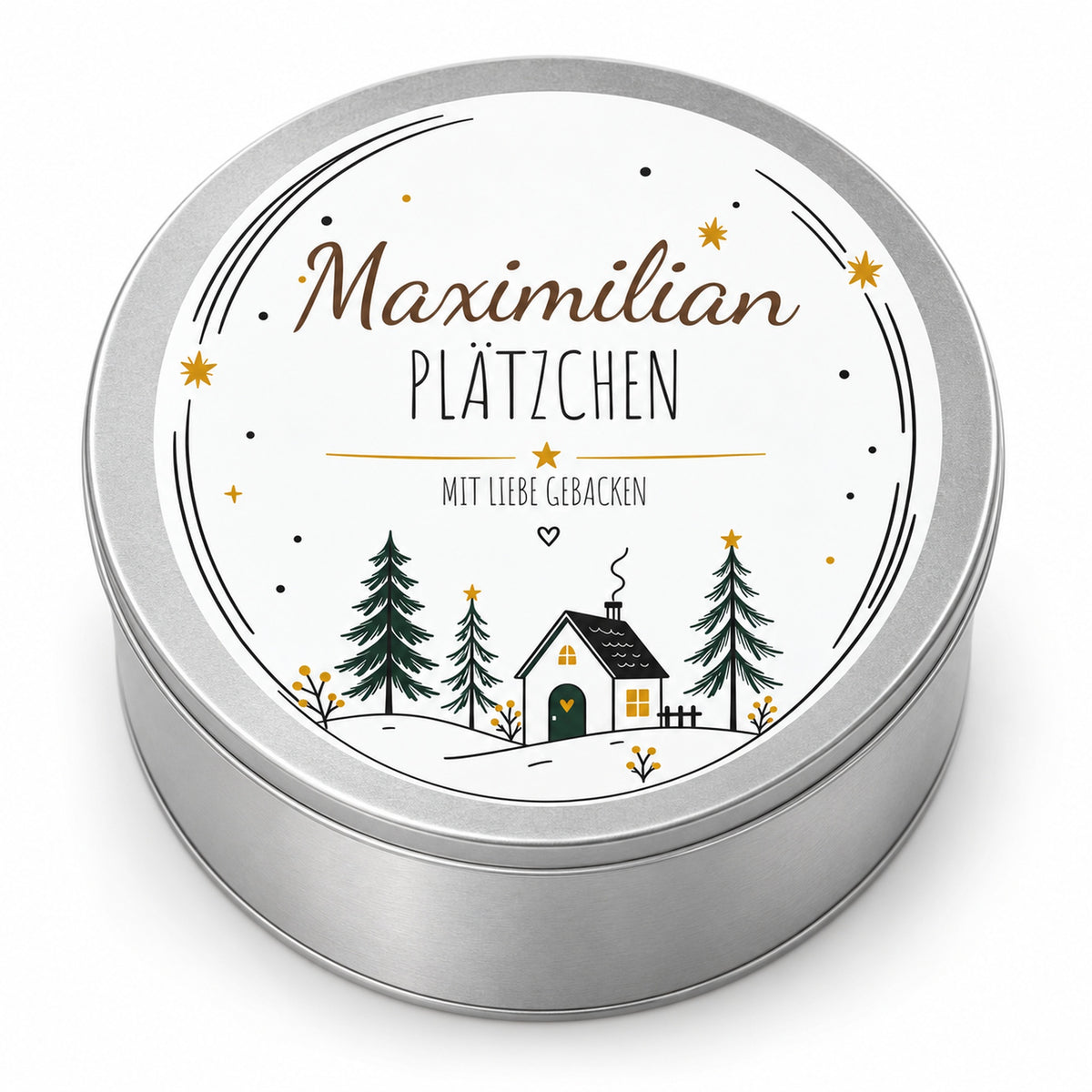 Runde silberne Keksdose mit Motiv Waldhäuschen und Wunschname auf dem Deckel, auf weißem Hintergrund.