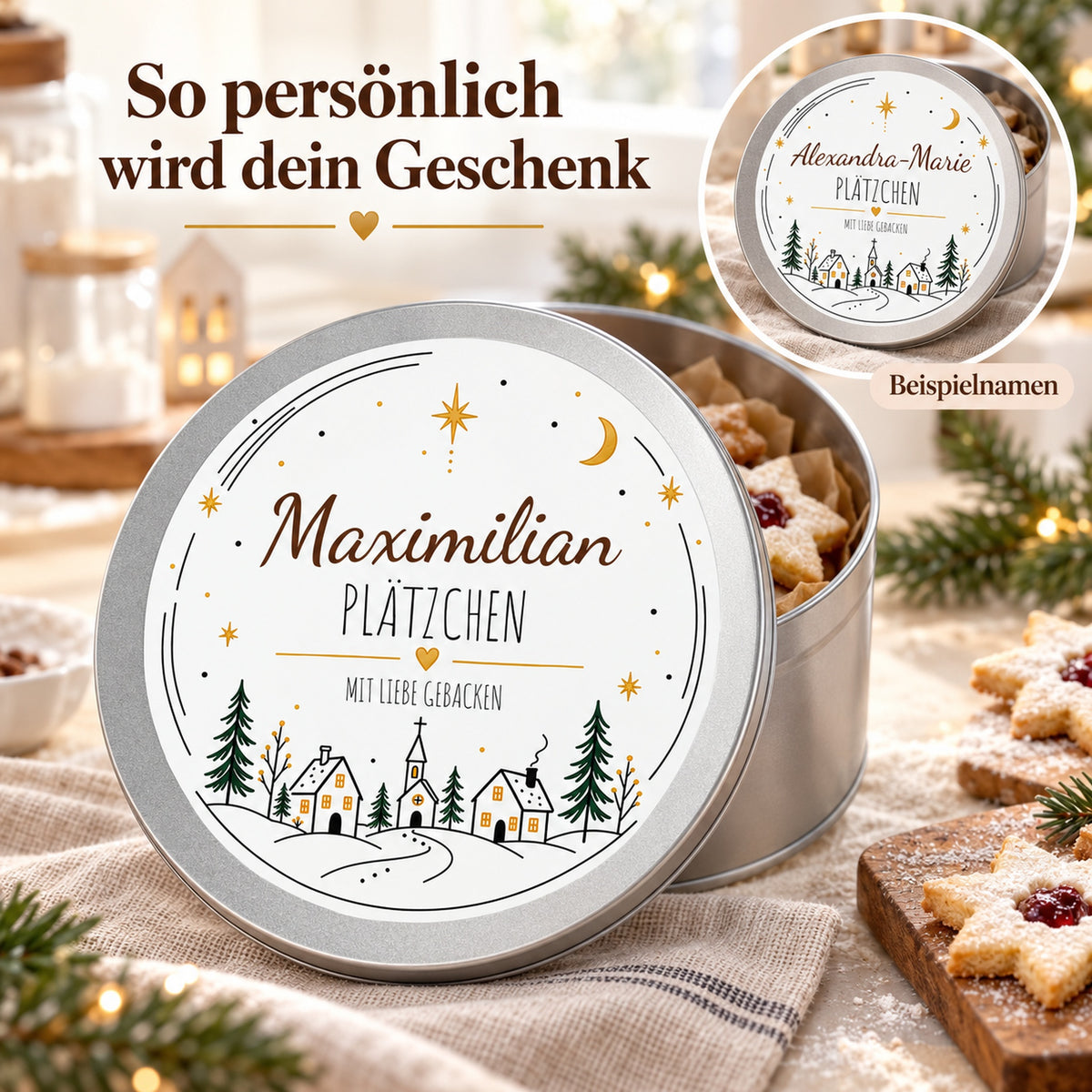 Personalisierung des Deckelmotivs Sternendorf mit zwei Beispielnamen.