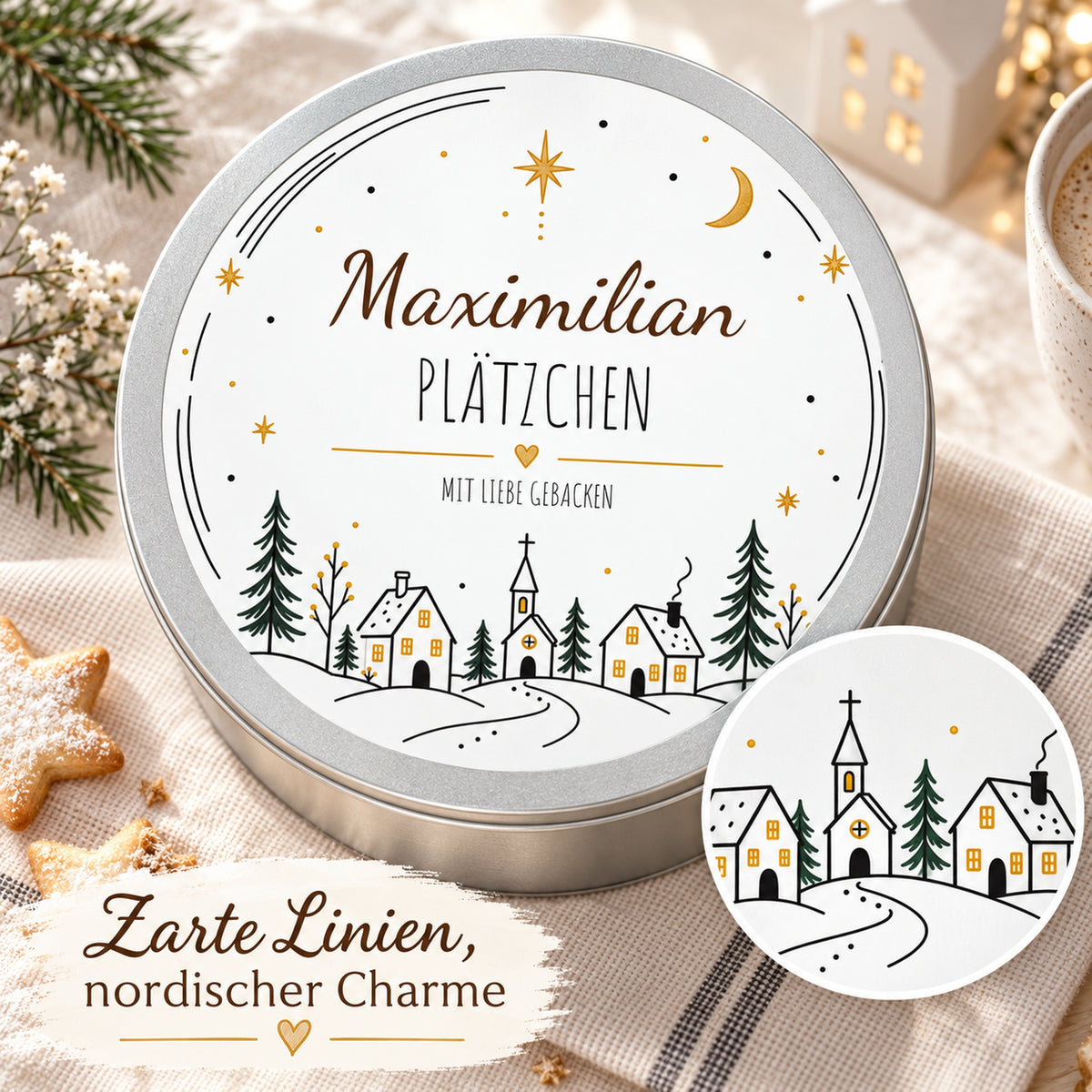 Nahaufnahme des skandinavischen Linienmotivs Sternendorf, zusätzlich in einem Kreisausschnitt gezeigt.