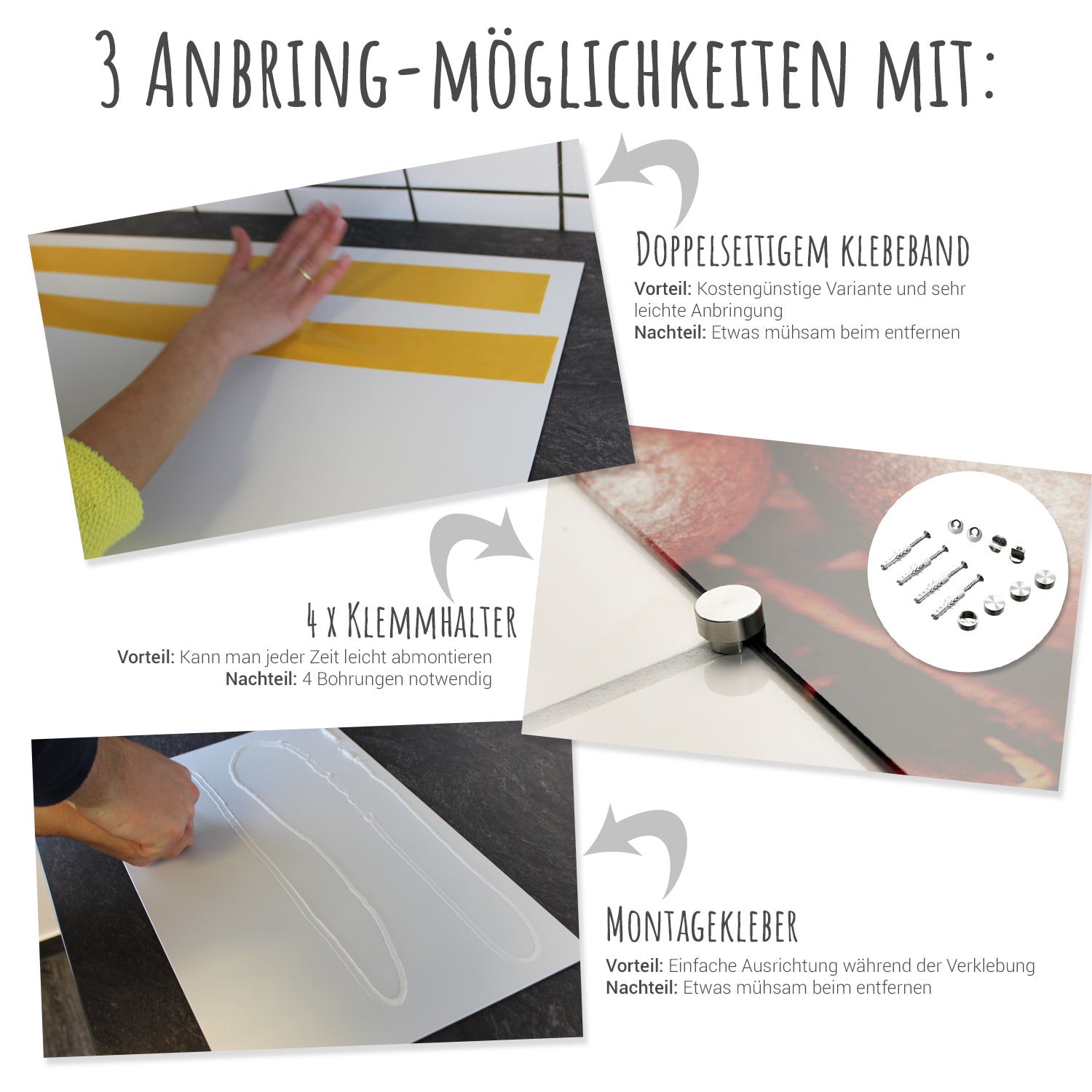 Drei Anbringmöglichkeiten für Wanddekoration: Klebeband, Klemmhalter, Montagekleber.