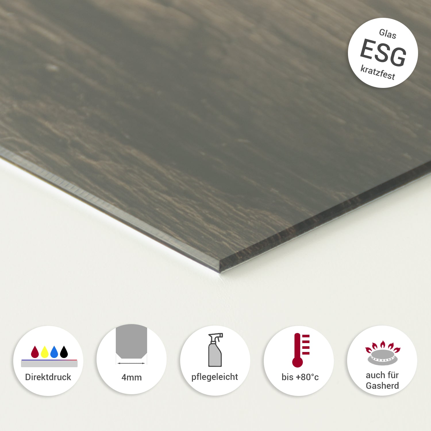 Kratzfeste ESG-Glasplatte in Holzoptik, 4 mm dick.