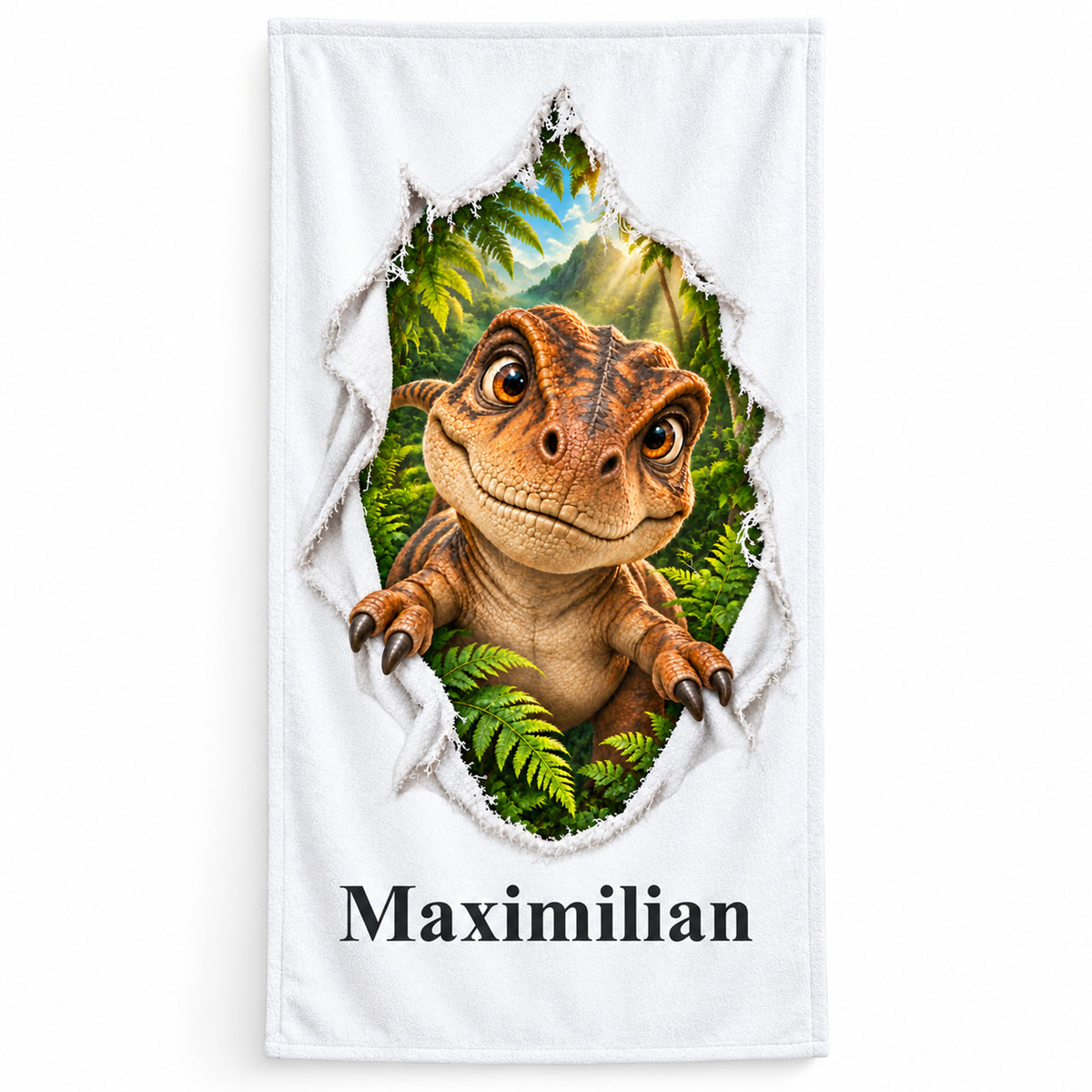 Weißes personalisiertes Handtuch mit T-Rex-Baby-Motiv im Stoffriss-Design vor weißem Hintergrund.