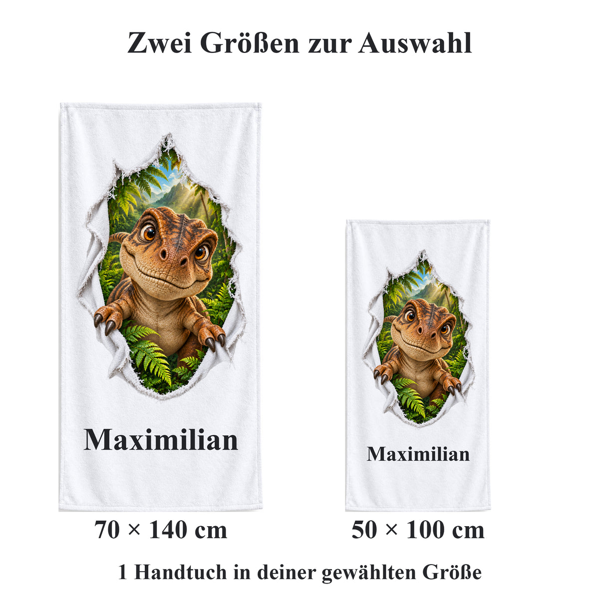 Weißes personalisiertes Handtuch mit T-Rex-Baby-Motiv im Stoffriss-Design im Vergleich der zwei wählbaren Größen.