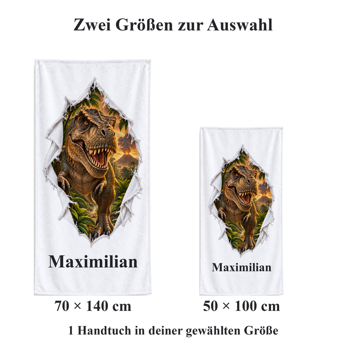 Weißes personalisiertes Handtuch mit T-Rex-Motiv im Stoffriss-Design im Vergleich der zwei wählbaren Größen.