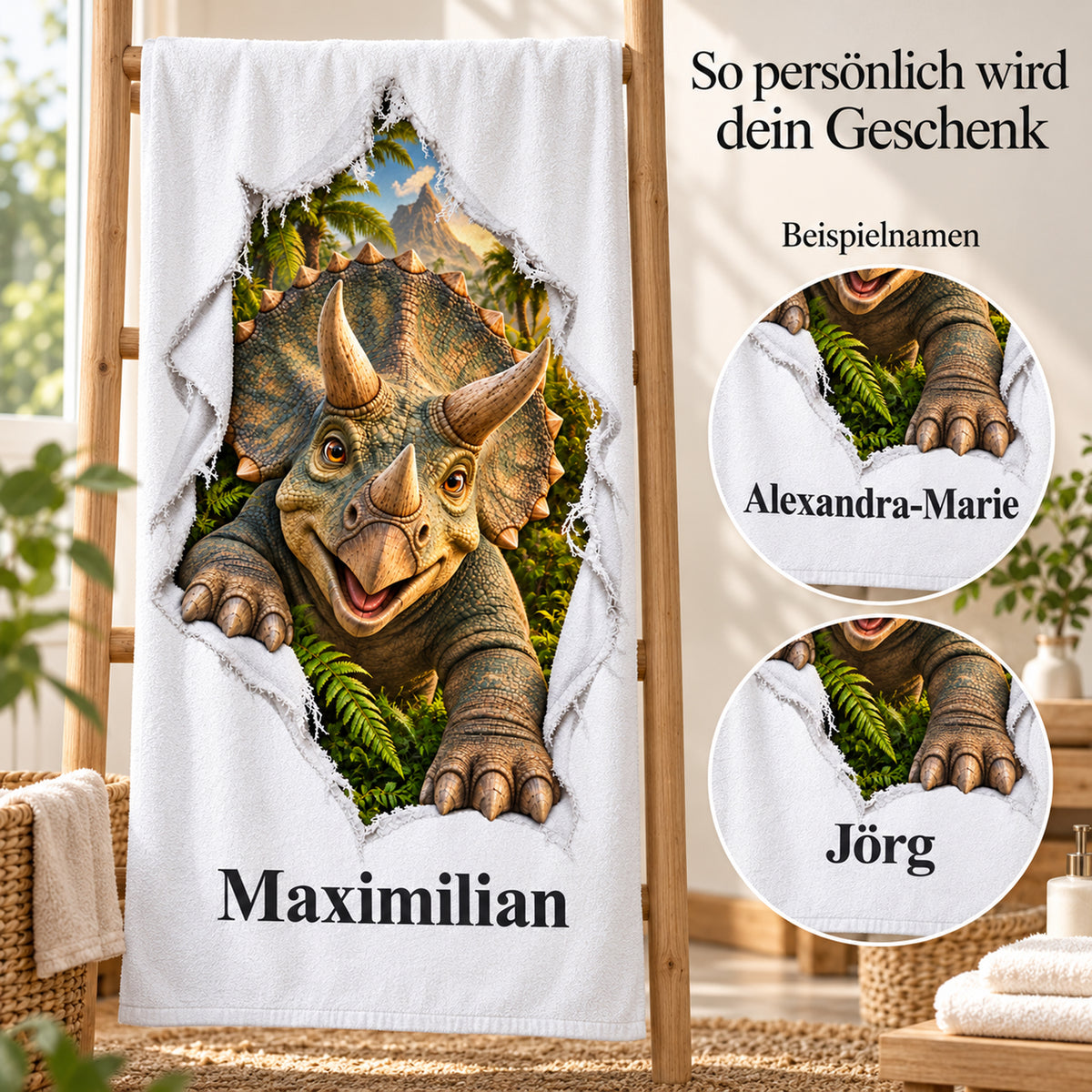 Weißes personalisiertes Handtuch mit Triceratops-Motiv im Stoffriss-Design mit verschiedenen Beispielnamen.