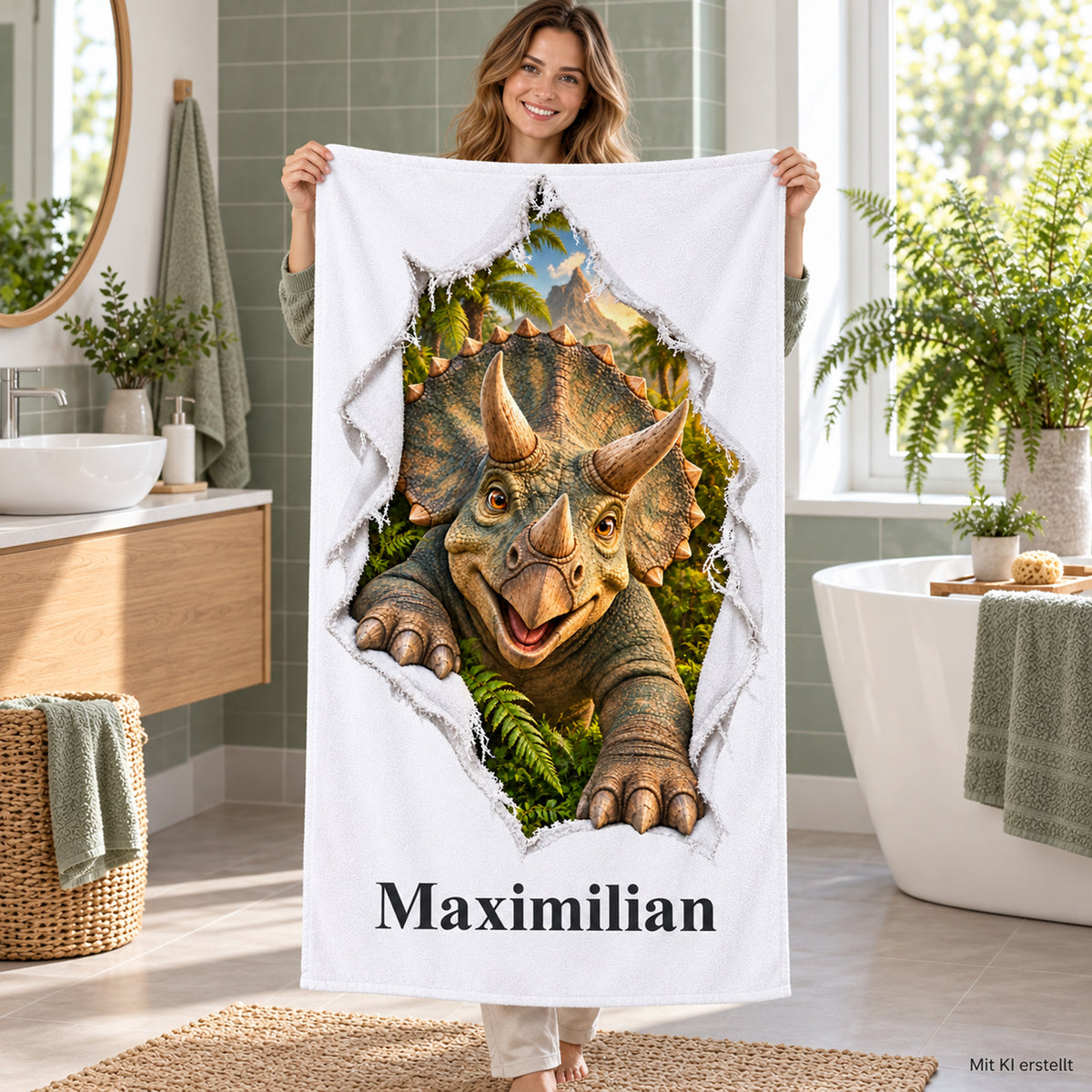 Weißes Handtuch mit Triceratops-Motiv im Stoffriss-Design und Wunschname, von einer erwachsenen Frau im Badezimmer gehalten.