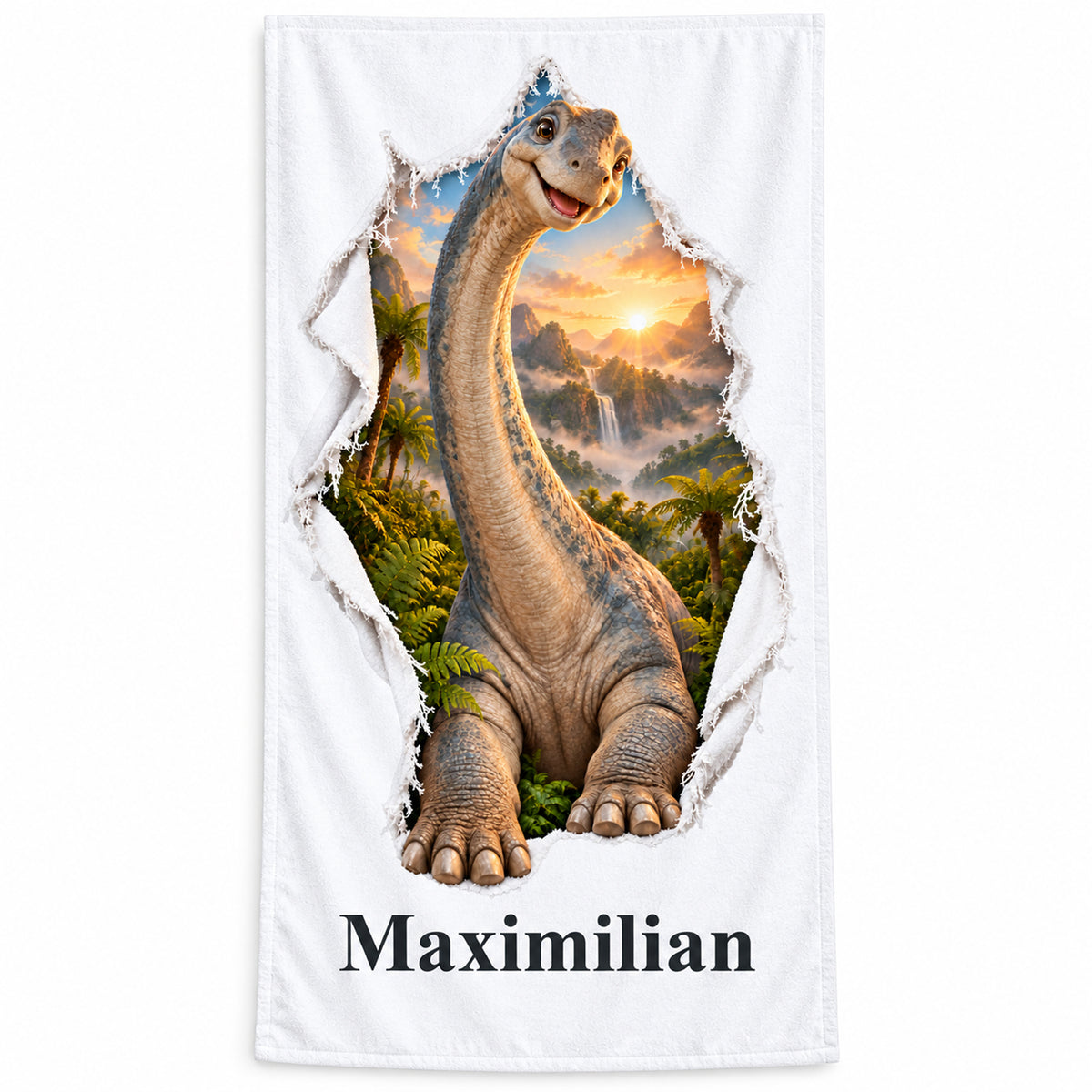 Weißes personalisiertes Handtuch mit Langhals-Dinosaurier-Motiv im Stoffriss-Design freigestellt vor weißem Hintergrund.