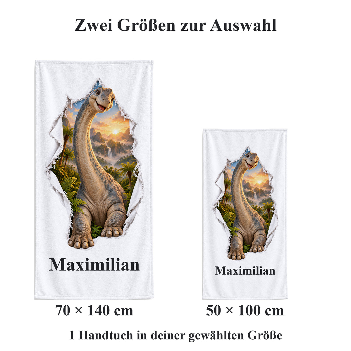 Weißes personalisiertes Handtuch mit Langhals-Dinosaurier-Motiv im Stoffriss-Design im Vergleich der zwei wählbaren Größen.
