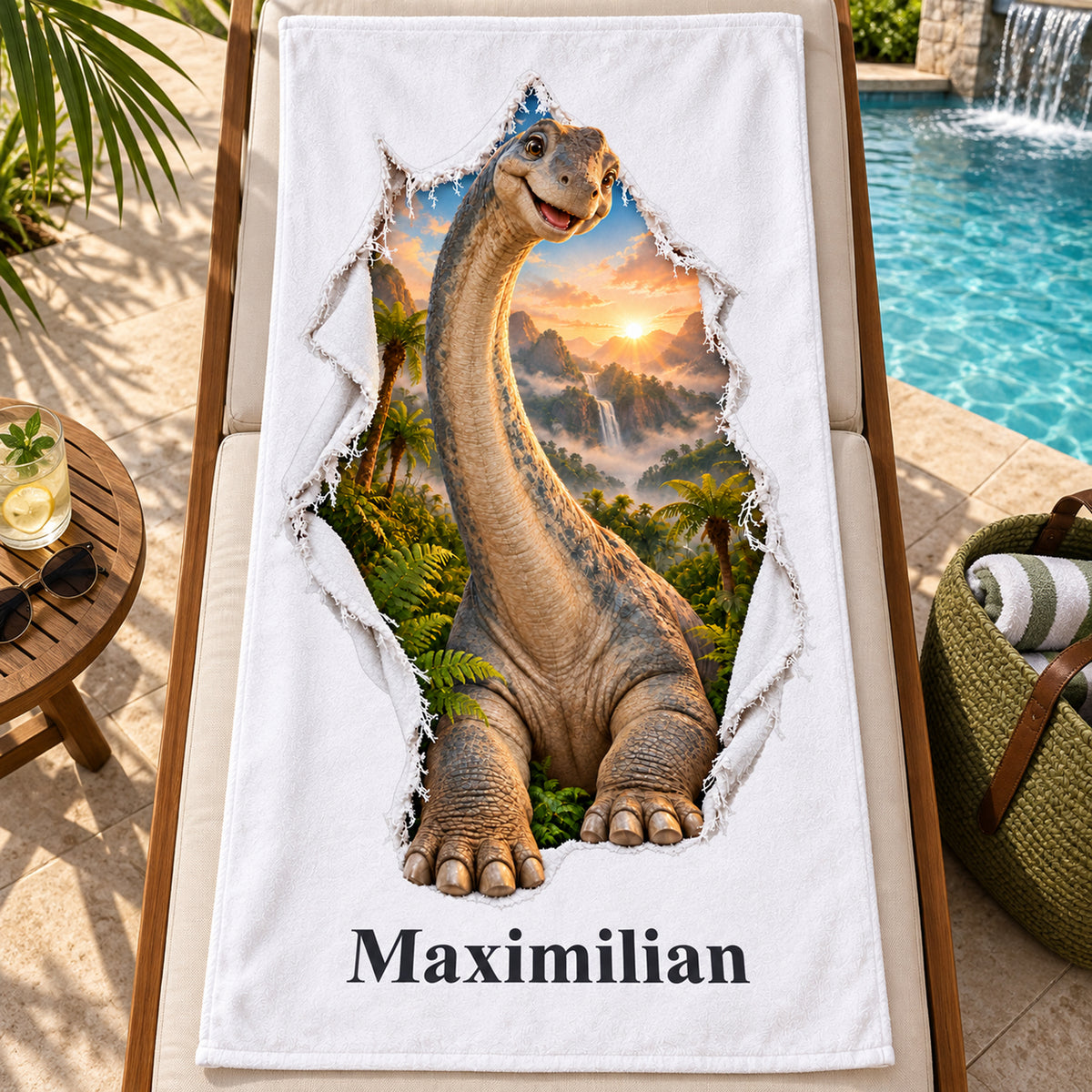 Weißes personalisiertes Handtuch mit Langhals-Dinosaurier-Motiv im Stoffriss-Design auf einer Liege am Pool mit kleiner Wasserkaskade im Hintergrund.