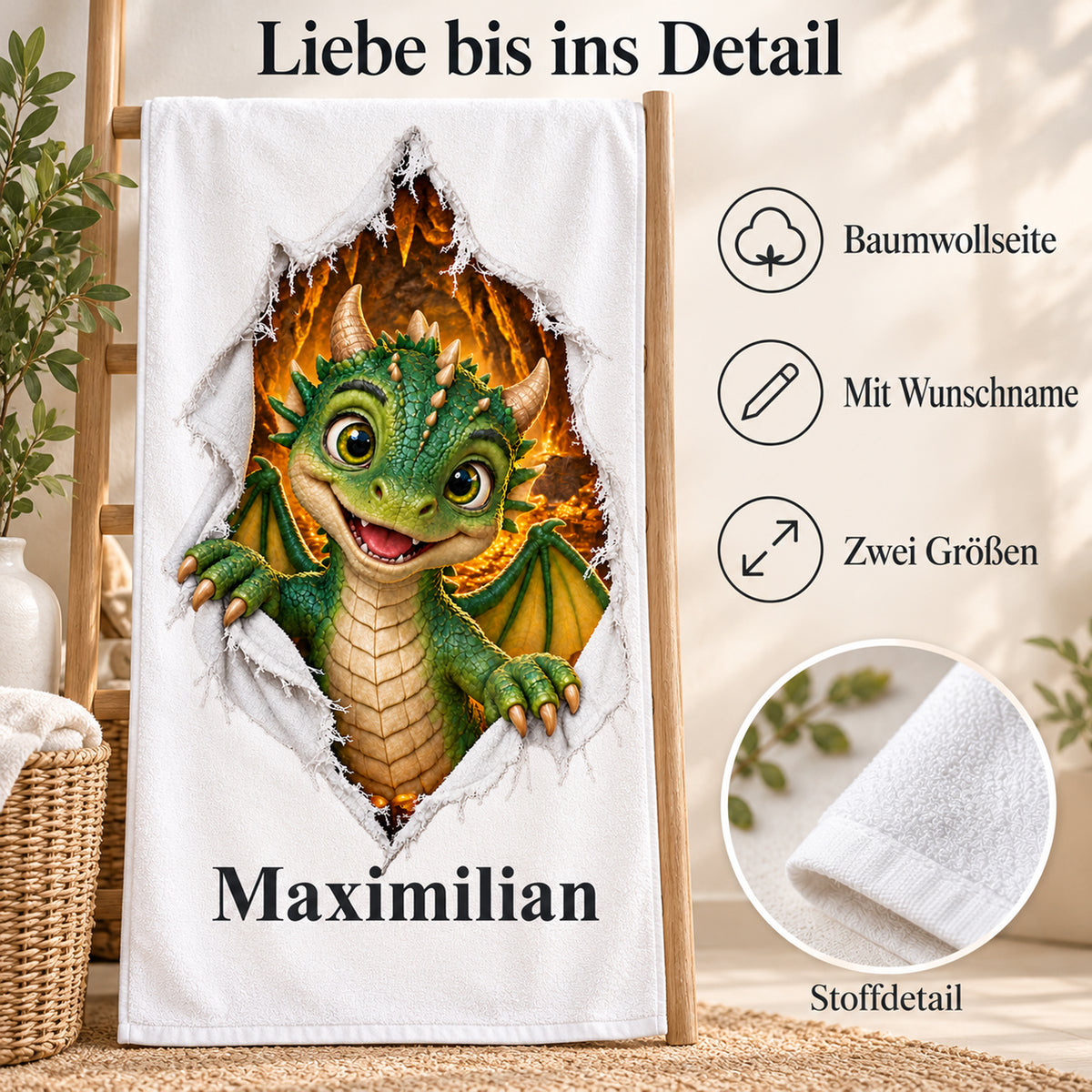 Weißes personalisiertes Handtuch mit Drachenbaby-Motiv im Stoffriss-Design mit Materialdetail und Informationen zur Personalisierung.