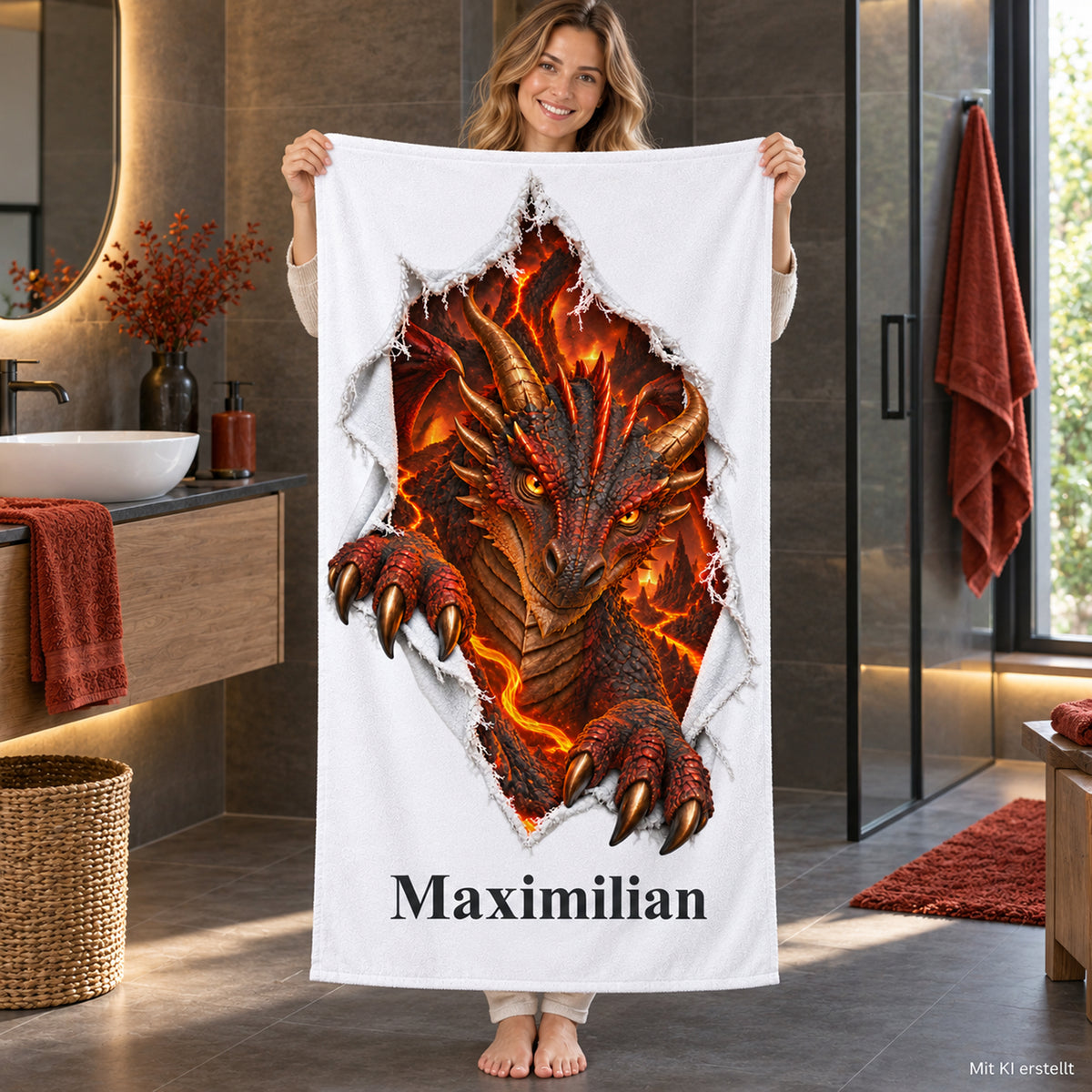Weißes Handtuch mit Feuerdrache-Motiv im Stoffriss-Design und Wunschname, von einer erwachsenen Frau im Badezimmer gehalten.