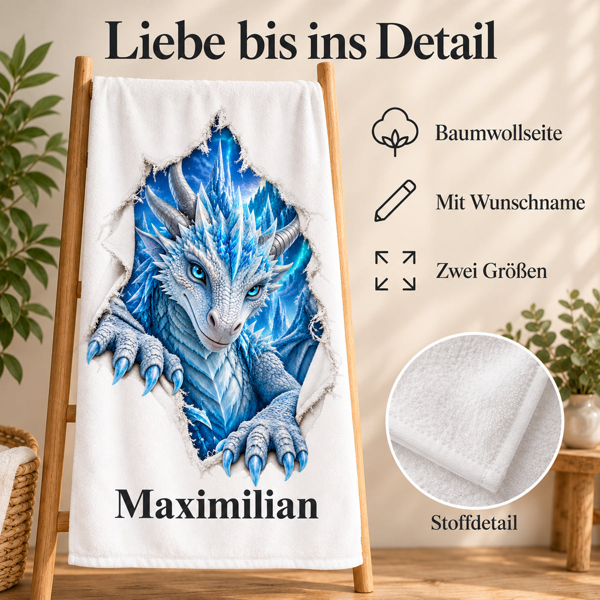 Weißes personalisiertes Handtuch mit Eisdrache-Motiv im Stoffriss-Design mit Materialdetail und Informationen zur Personalisierung.