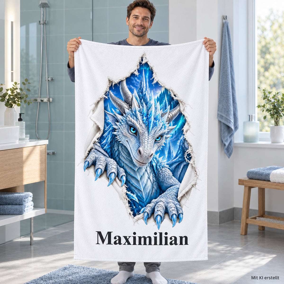 Weißes Handtuch mit Eisdrache-Motiv im Stoffriss-Design und Wunschname, von einem erwachsenen Mann im Badezimmer gehalten.