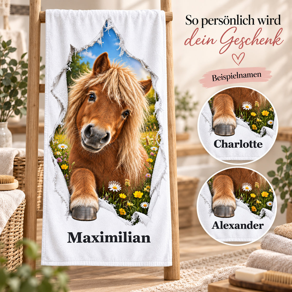 Pferde-Handtuch mit Shetlandpony und Namensbeispiele in runden Detailausschnitten