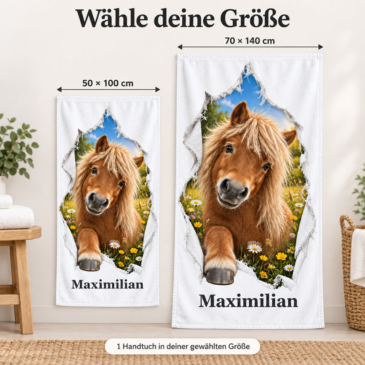 Handtuch mit Shetlandpony in den Größen 50 × 100 cm und 70 × 140 cm