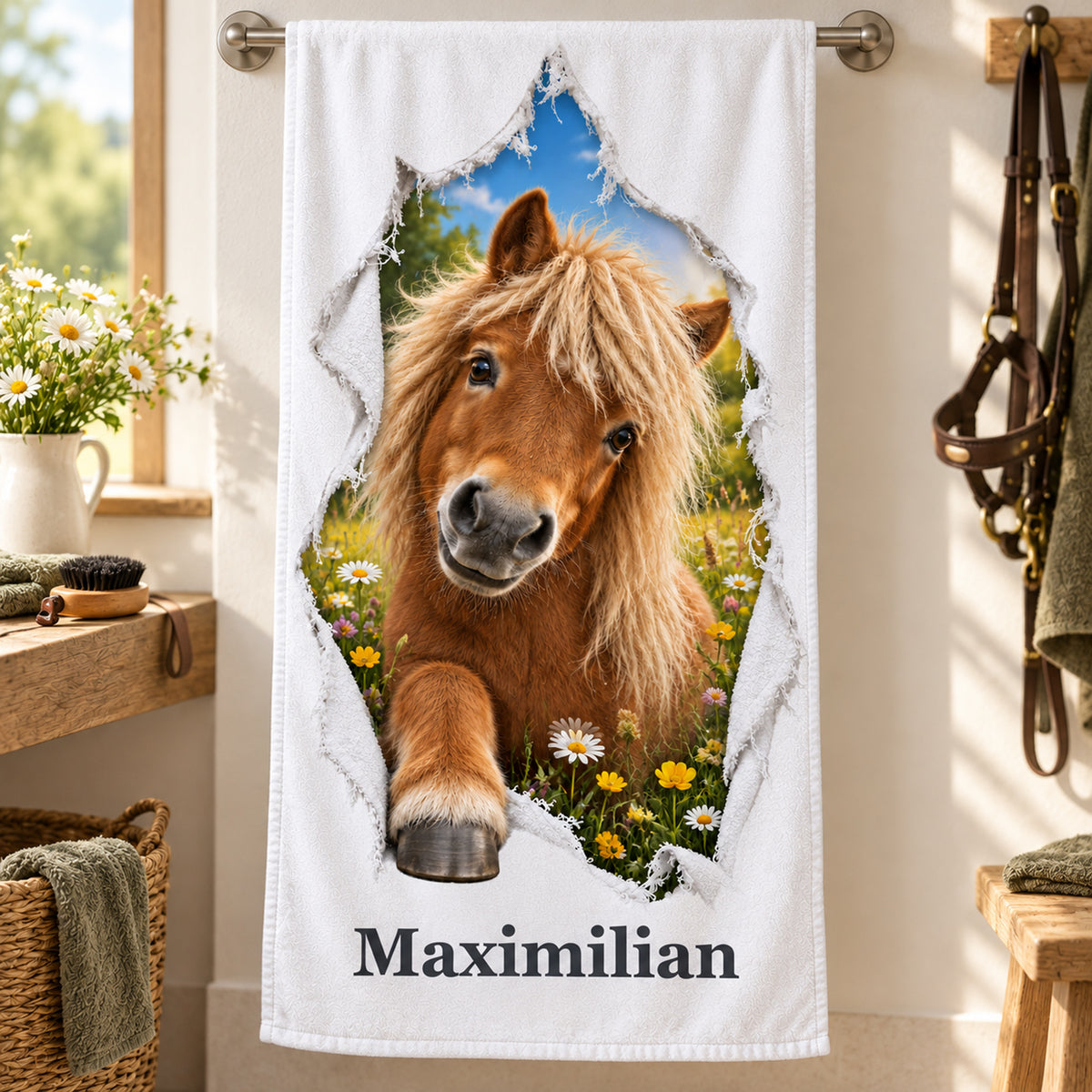 Pferde-Handtuch mit Shetlandpony und Wunschname am Handtuchhalter