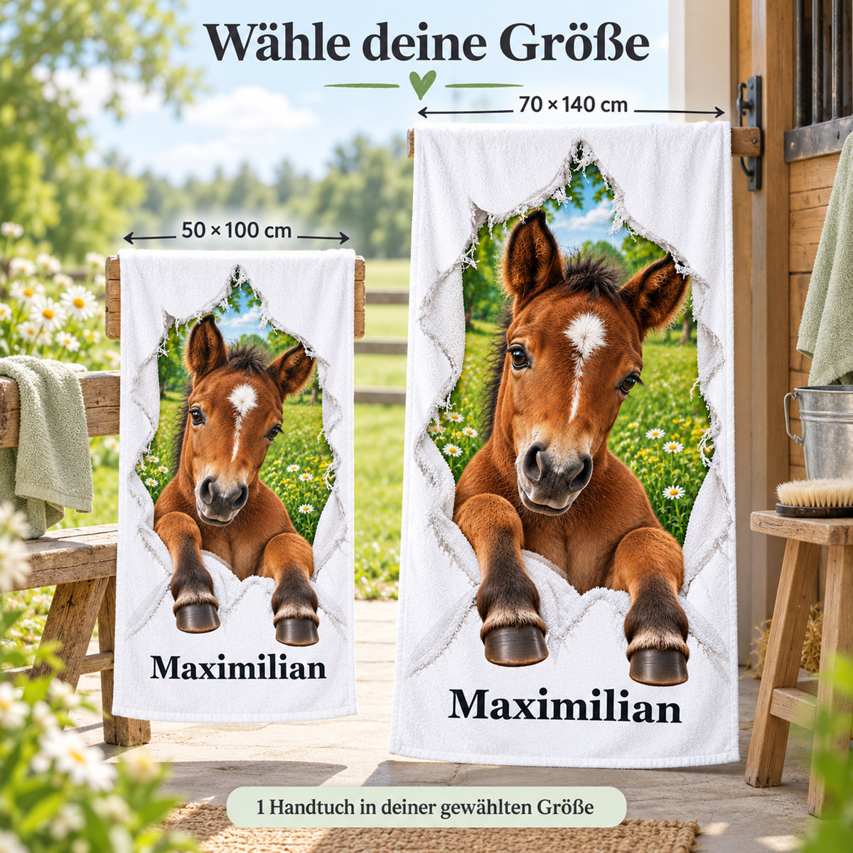 Handtuch mit Fohlen in den Größen 50 × 100 cm und 70 × 140 cm